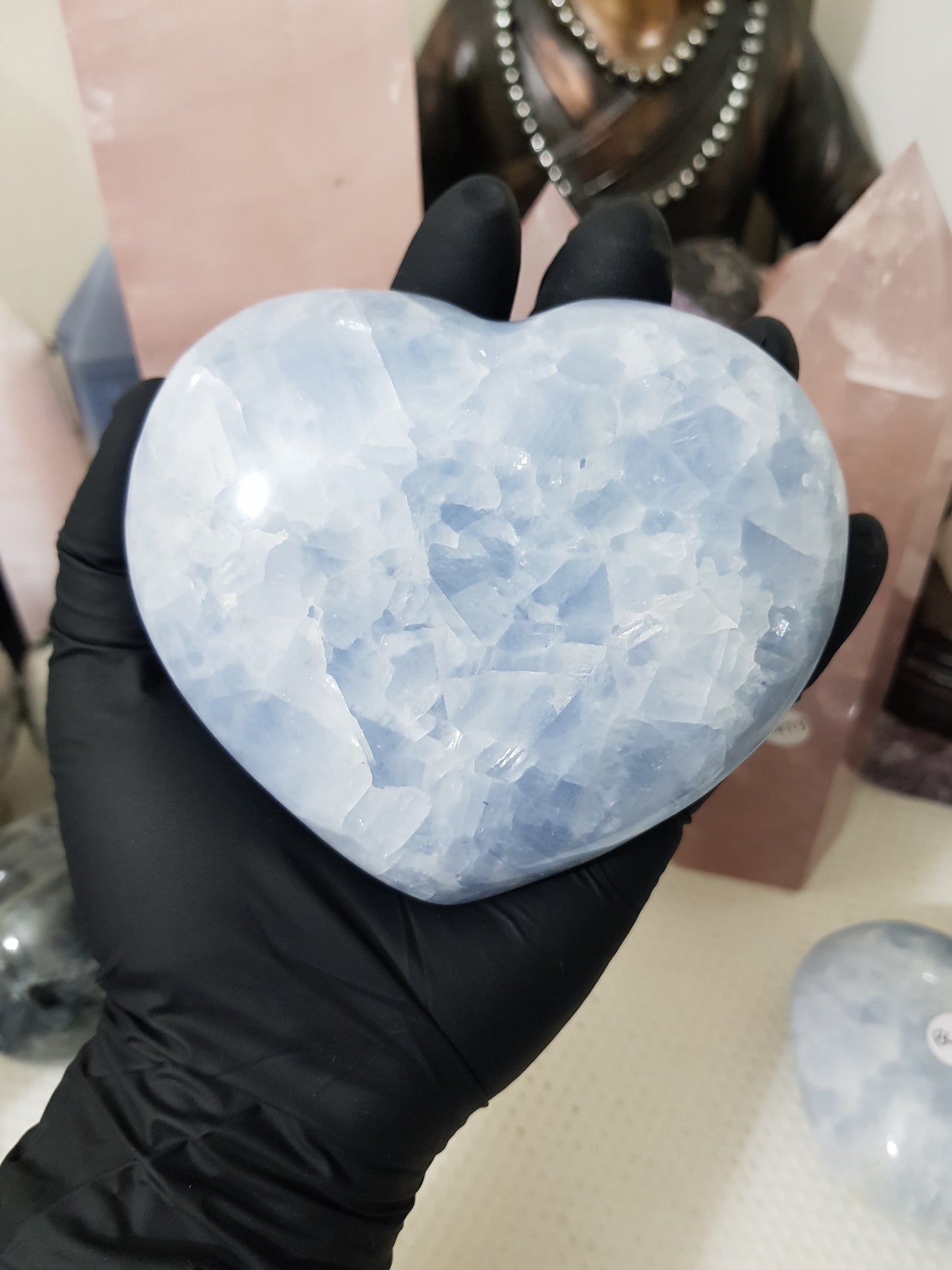 Blue calcite crystal heart polished sky blue 496g