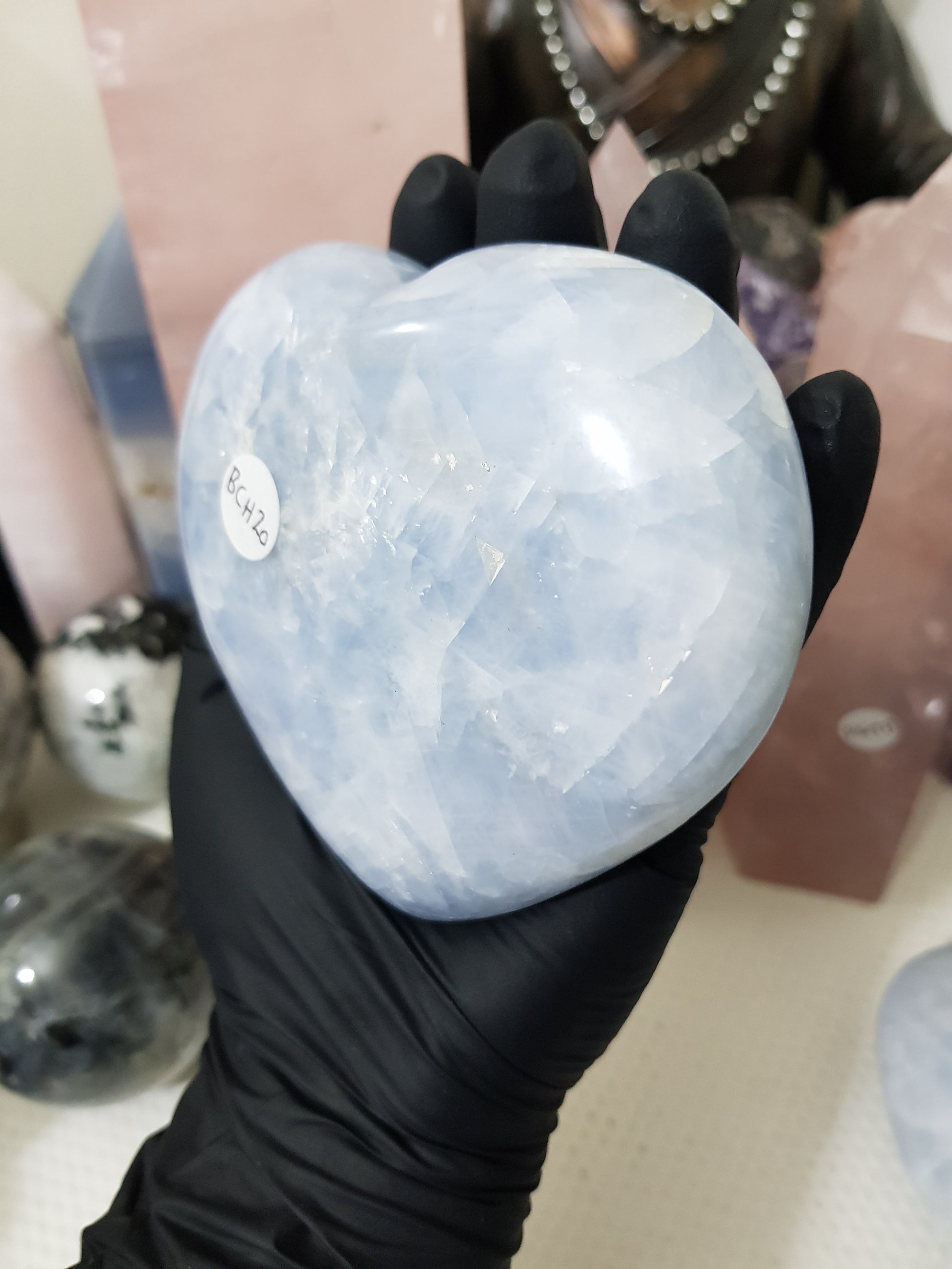 Blue calcite crystal heart polished sky blue 496g