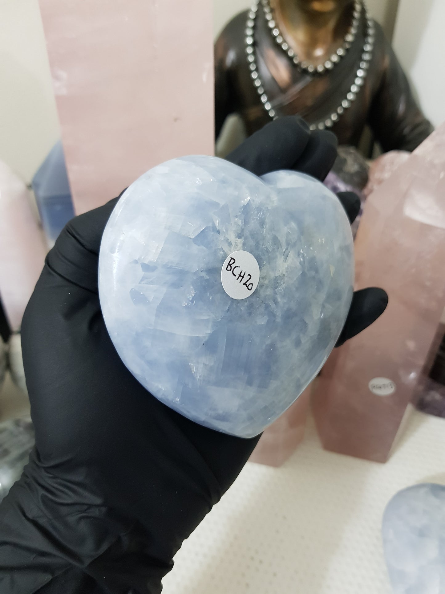 Blue calcite crystal heart polished sky blue 496g