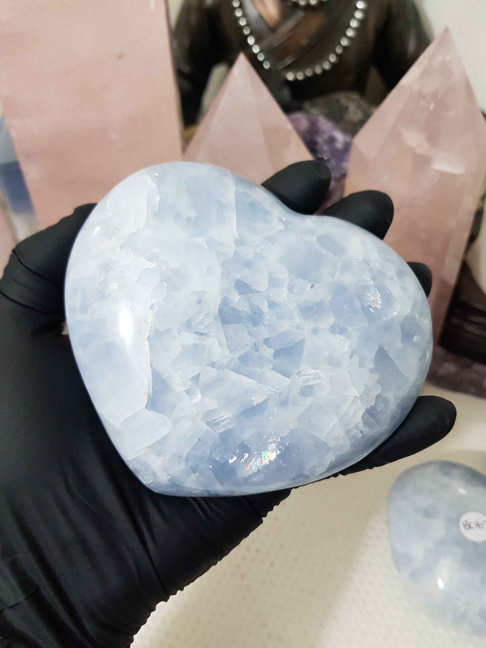 Blue calcite crystal heart polished sky blue 496g