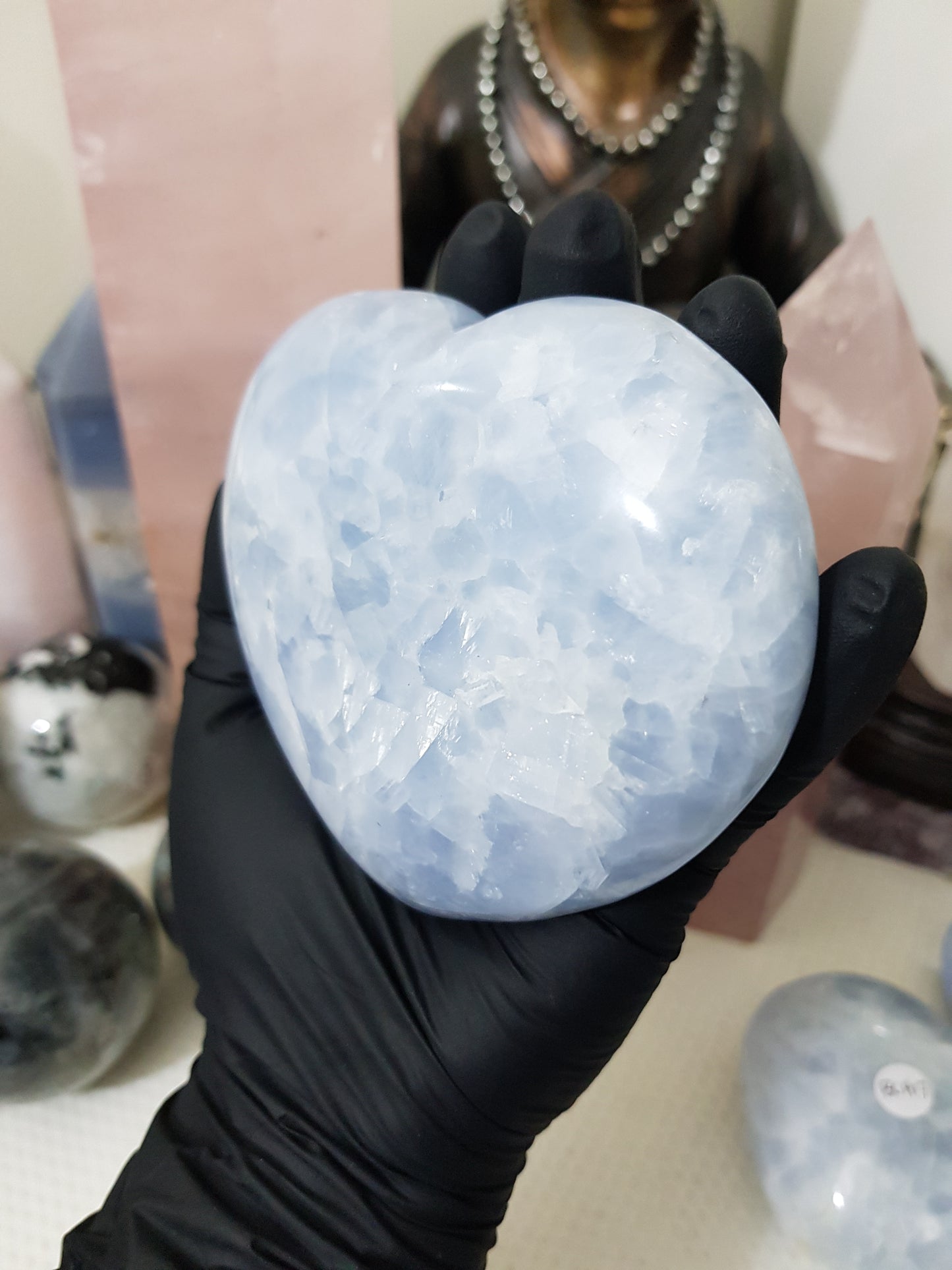 Blue calcite crystal heart polished sky blue 496g