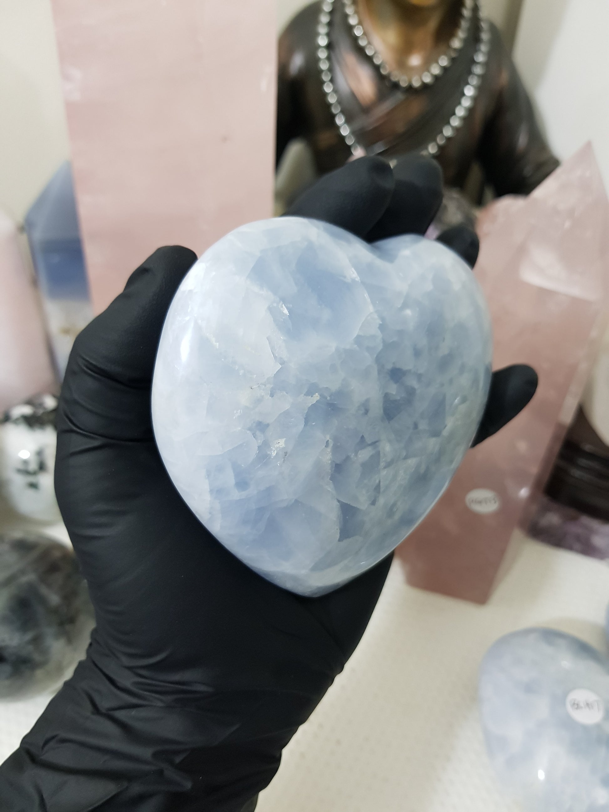 Blue calcite crystal heart polished sky blue 496g