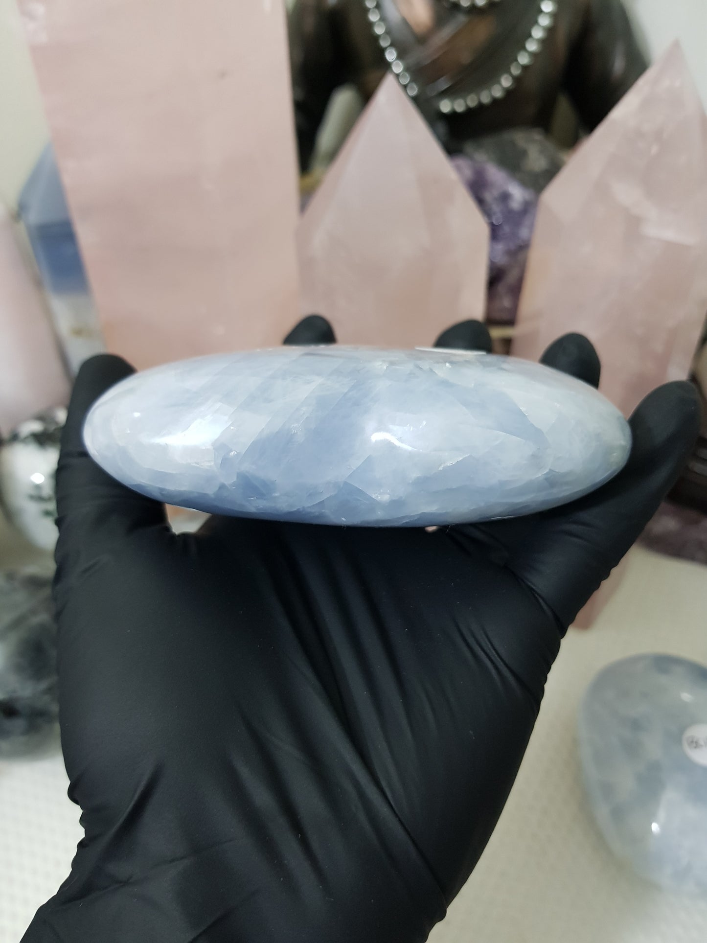 Blue calcite crystal heart polished sky blue 496g