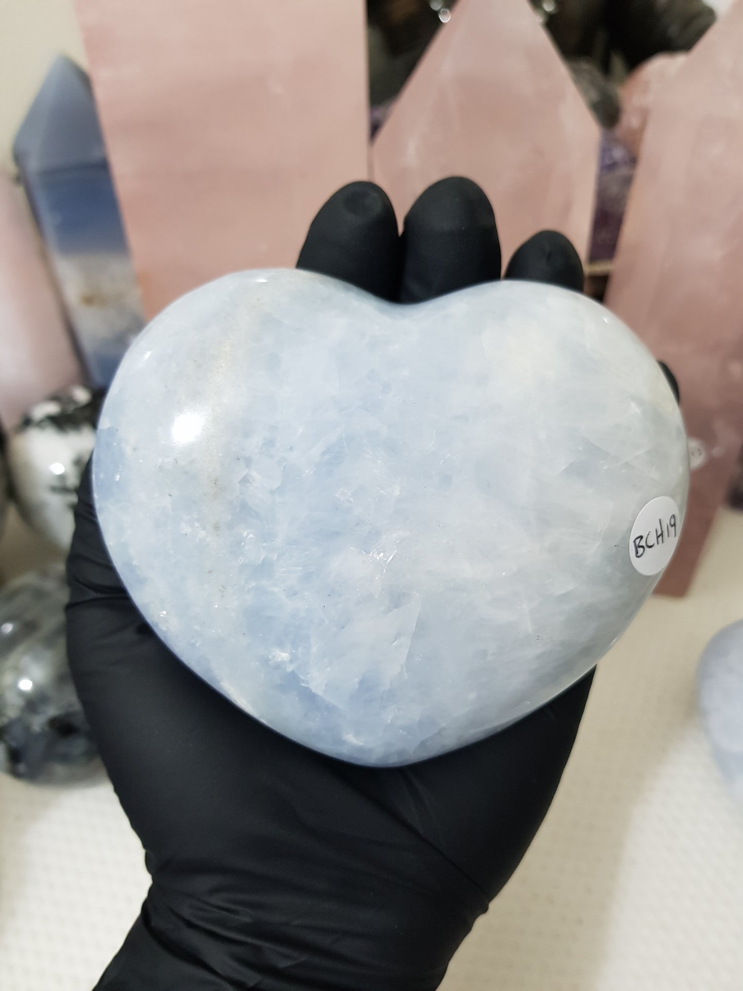 Blue calcite crystal heart polished sky blue 518g