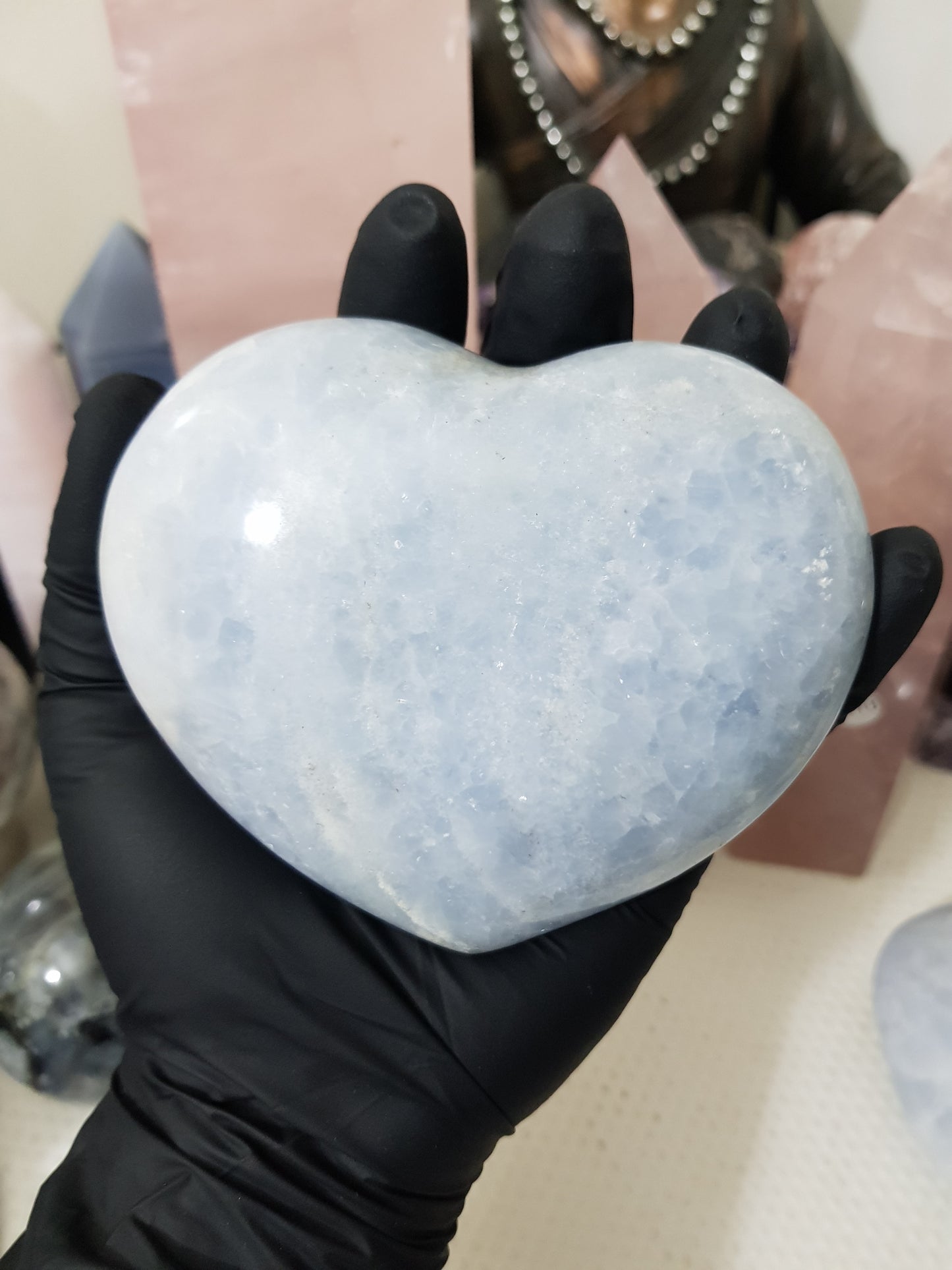 Blue calcite crystal heart polished sky blue 518g
