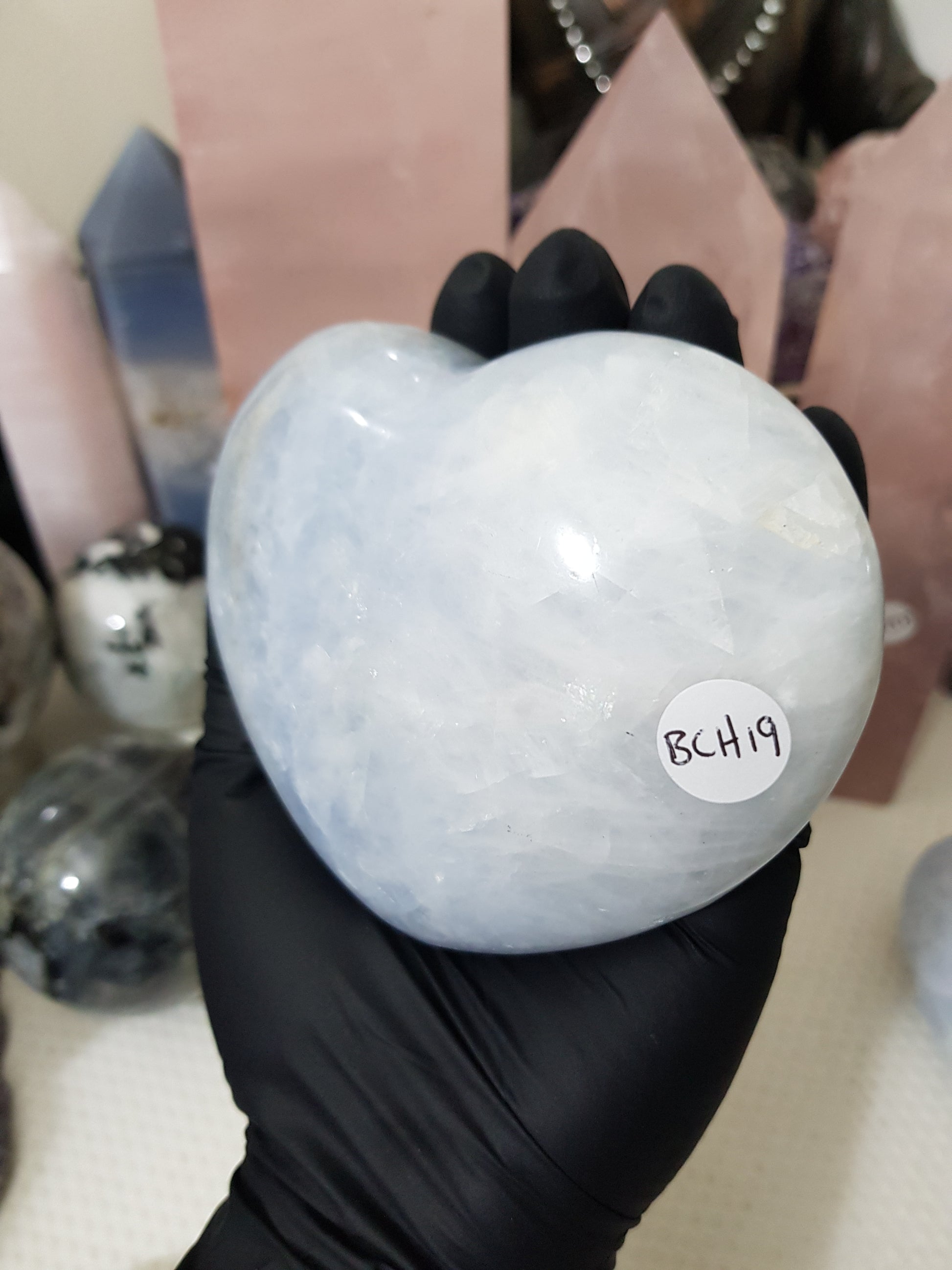 Blue calcite crystal heart polished sky blue 518g