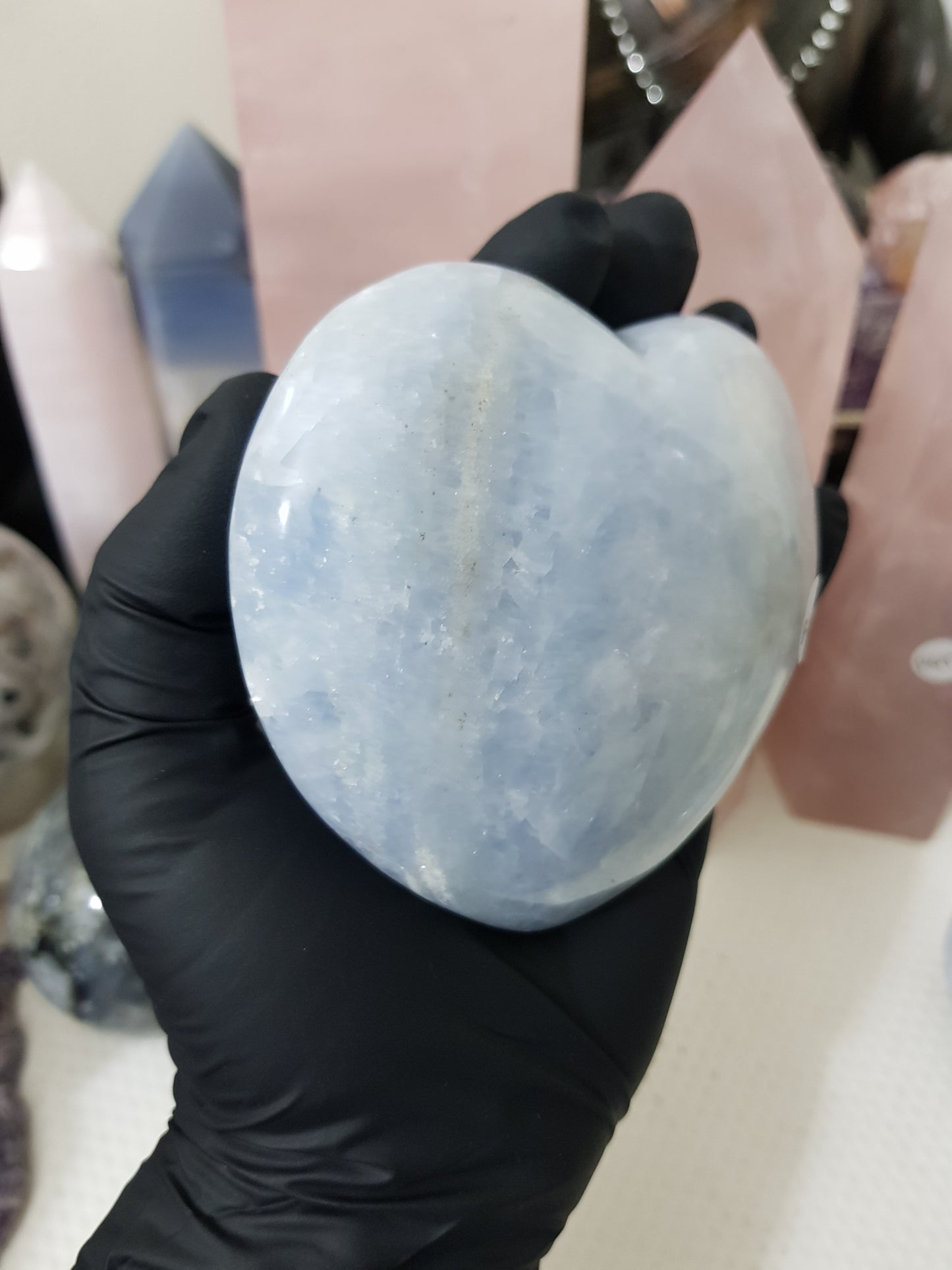 Blue calcite crystal heart polished sky blue 518g