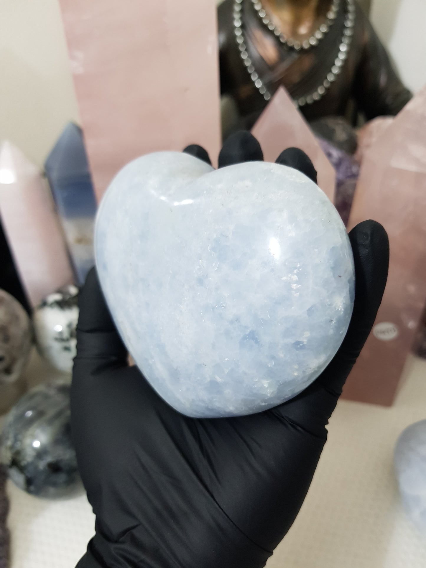 Blue calcite crystal heart polished sky blue 518g