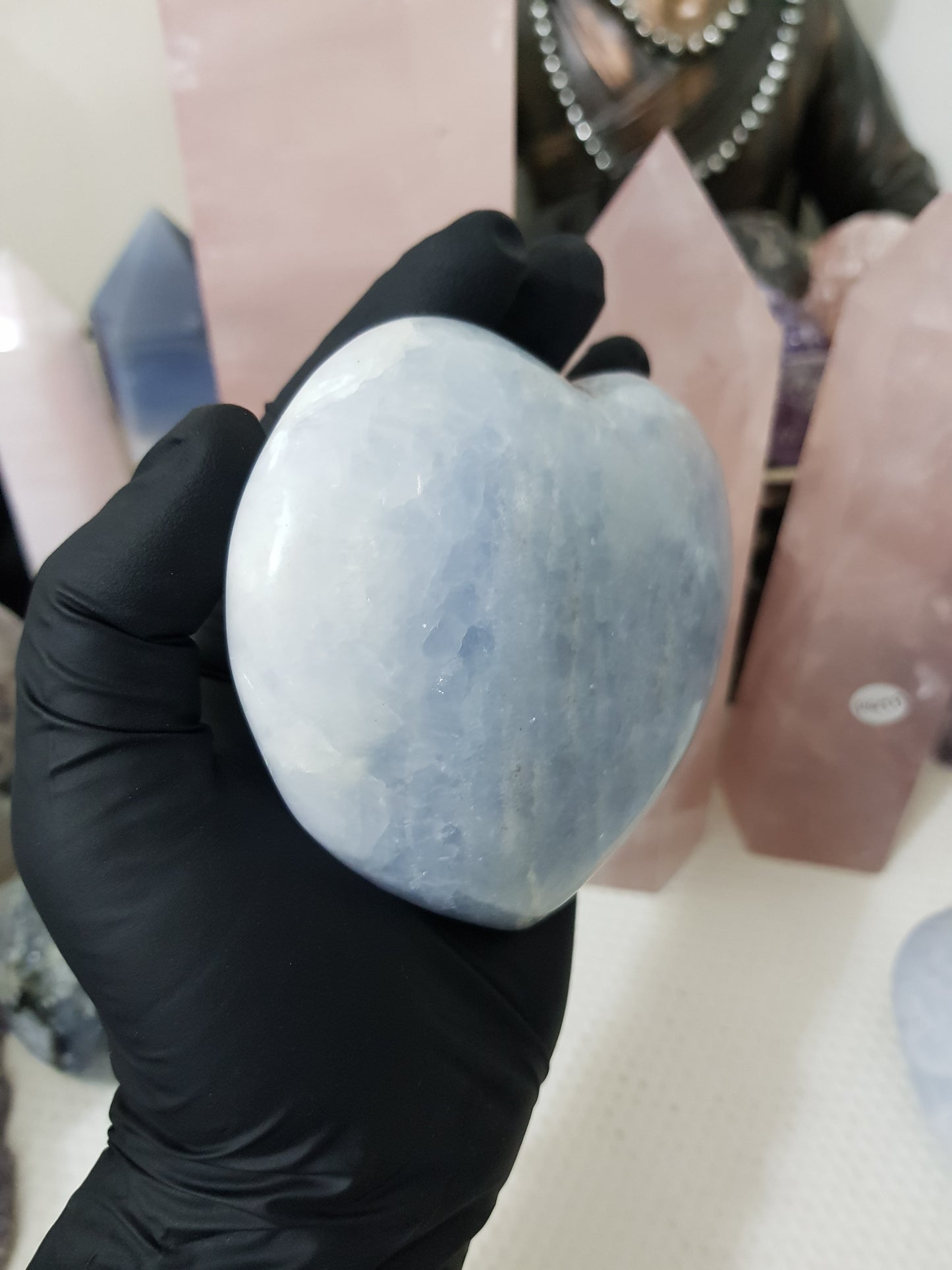 Blue calcite crystal heart polished sky blue 518g