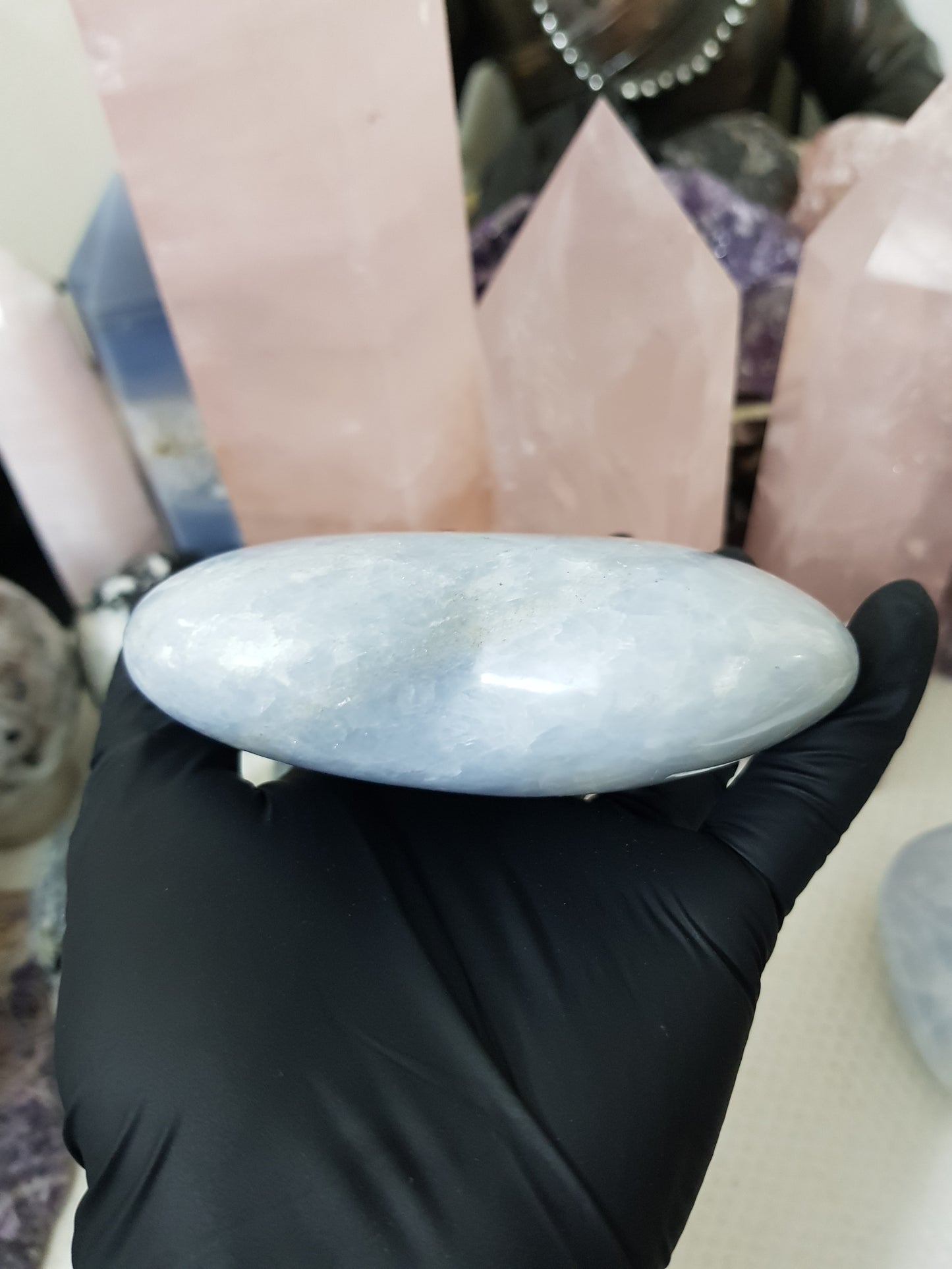 Blue calcite crystal heart polished sky blue 518g