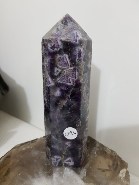 Chevron amethyst crystal point tower polished Brazil deep purple chevron banding 15.5cm