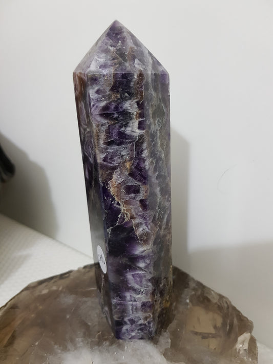 Chevron amethyst crystal point tower polished Brazil deep purple chevron banding 15.5cm