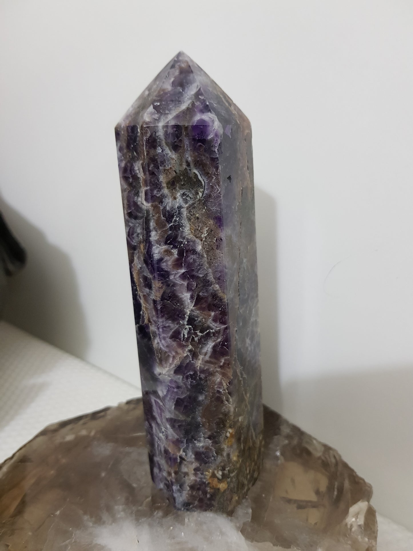 Chevron amethyst crystal point tower polished Brazil deep purple chevron banding 15.5cm