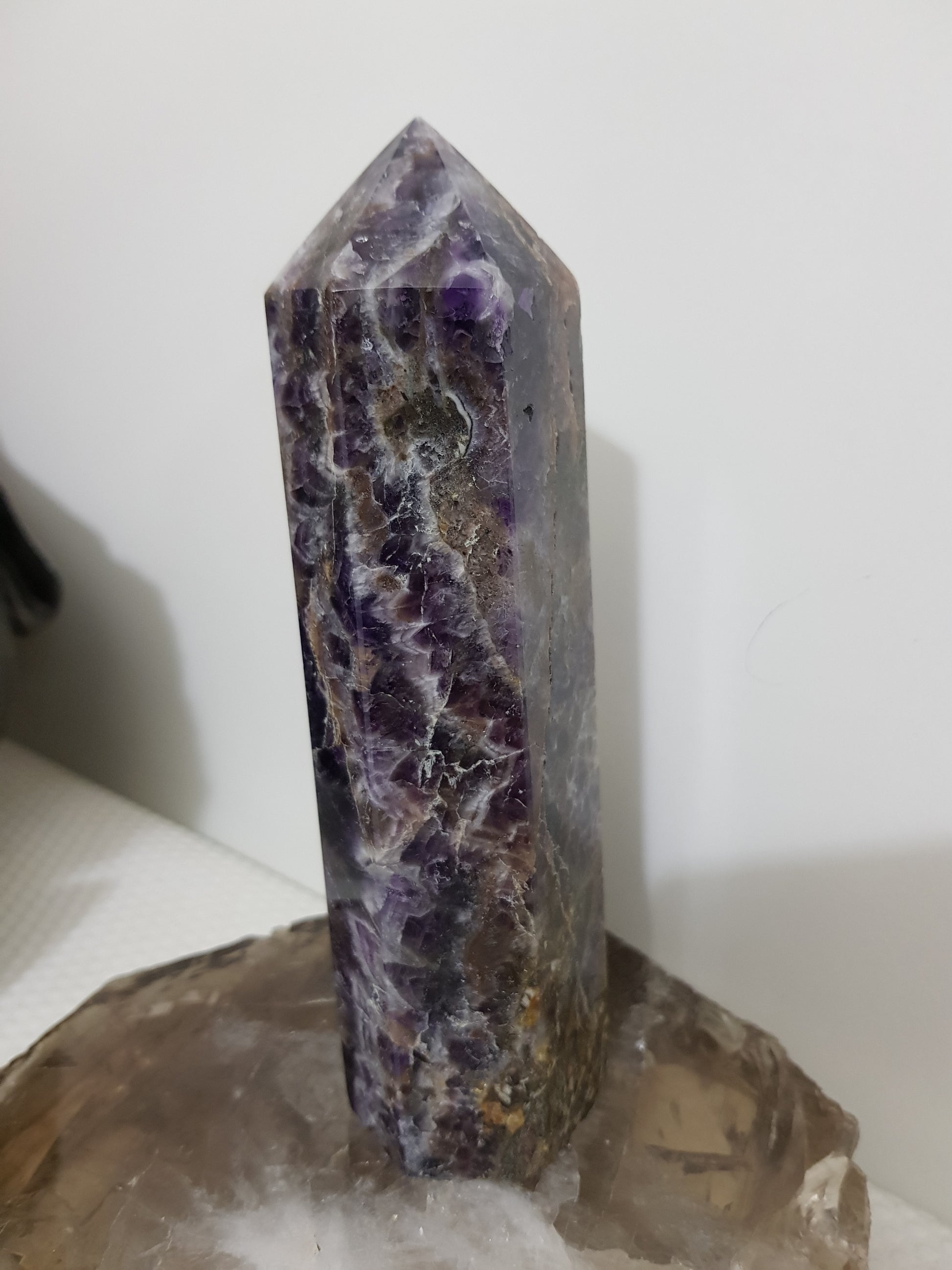 Chevron amethyst crystal point tower polished Brazil deep purple chevron banding 15.5cm