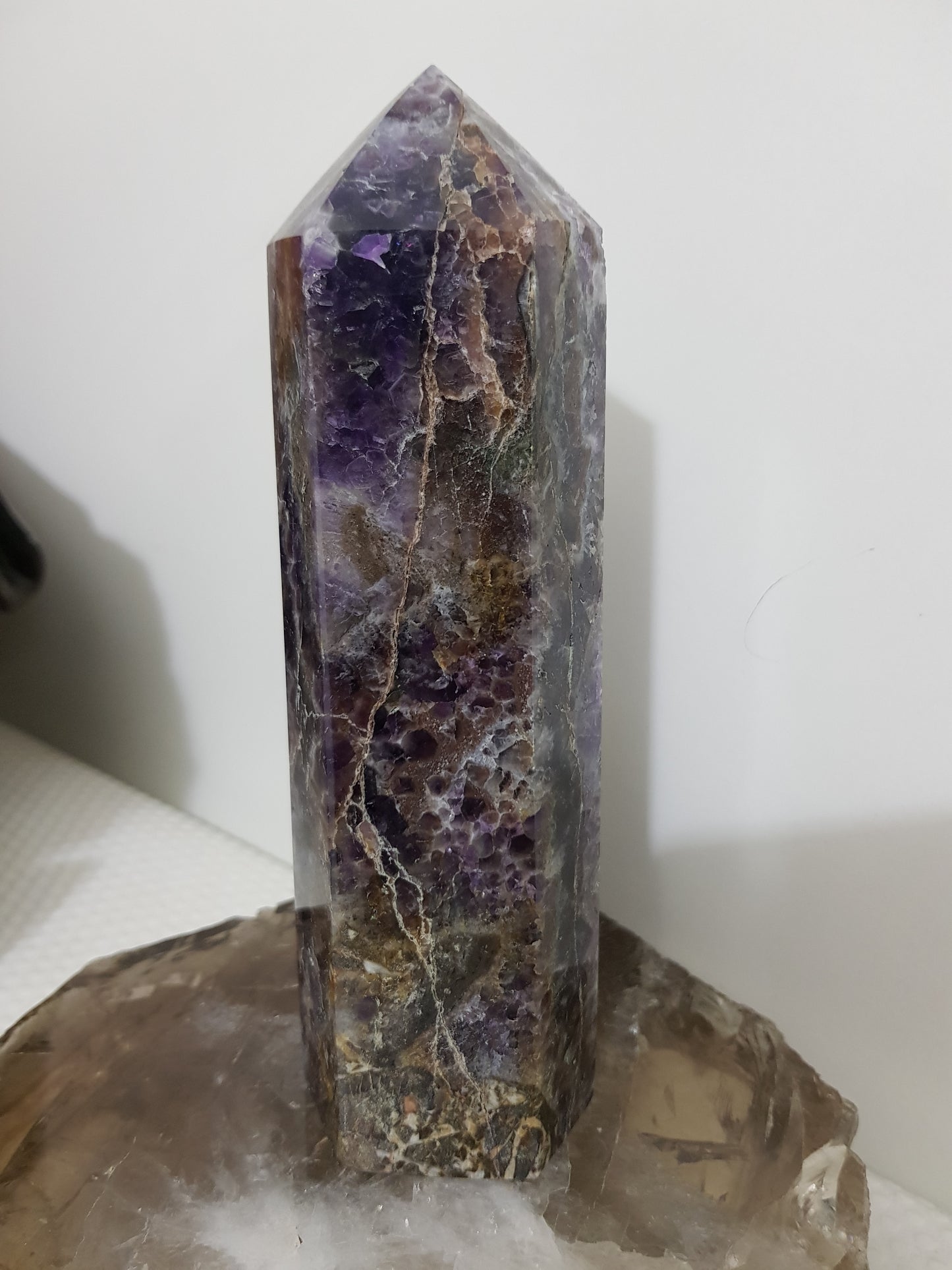 Chevron amethyst crystal point tower polished Brazil deep purple chevron banding 15.5cm