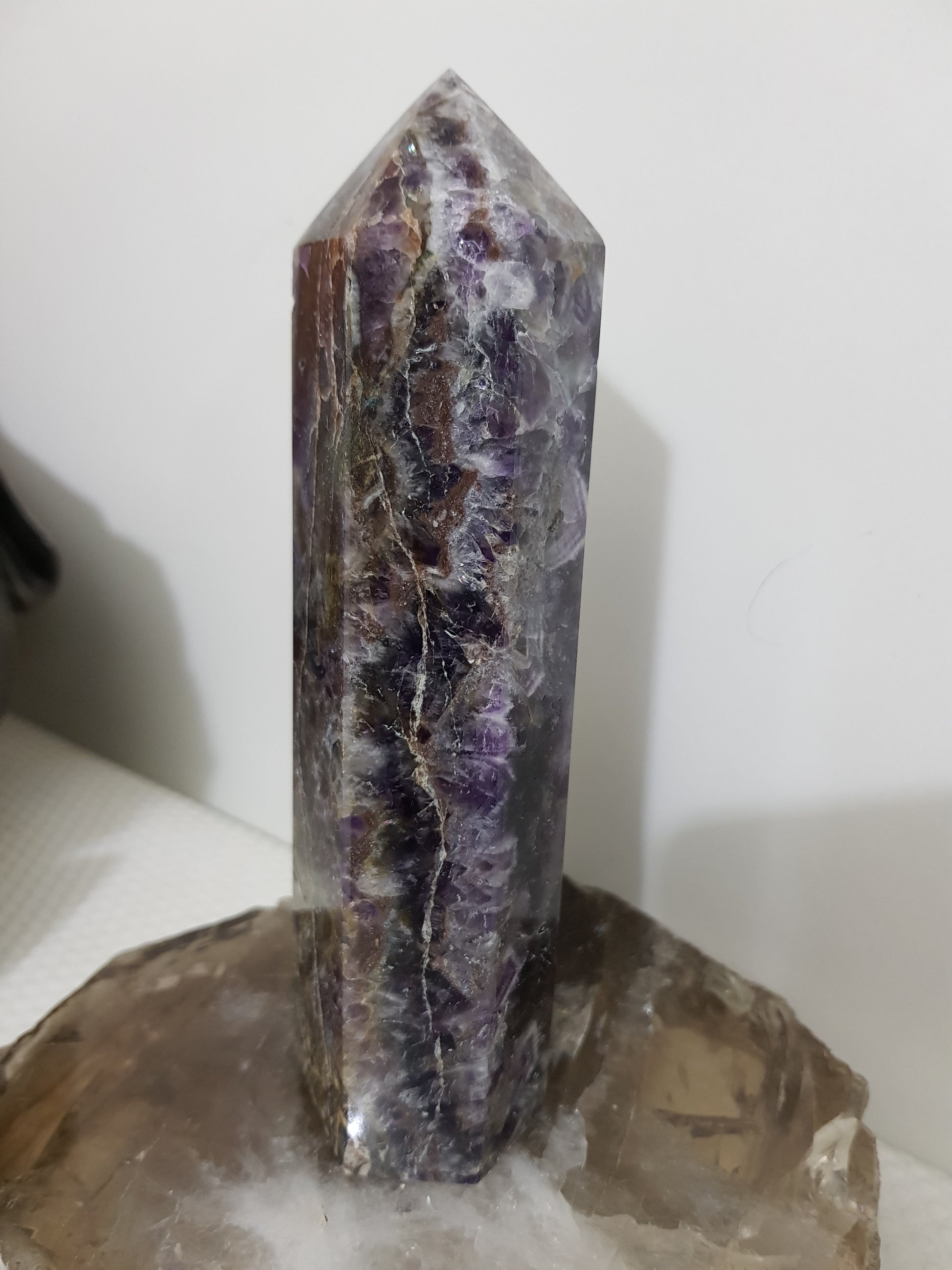 Chevron amethyst crystal point tower polished Brazil deep purple chevron banding 15.5cm
