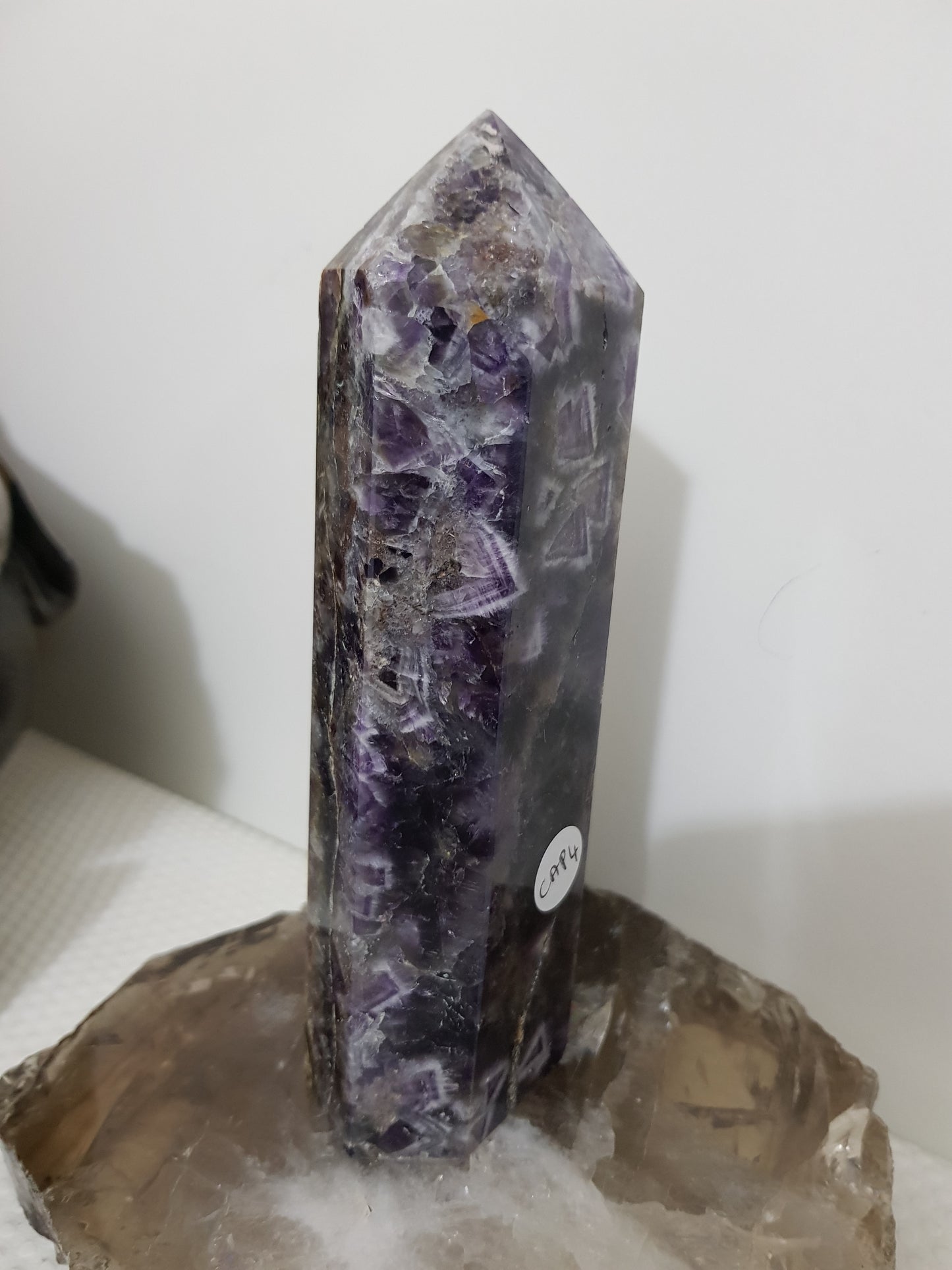 Chevron amethyst crystal point tower polished Brazil deep purple chevron banding 15.5cm
