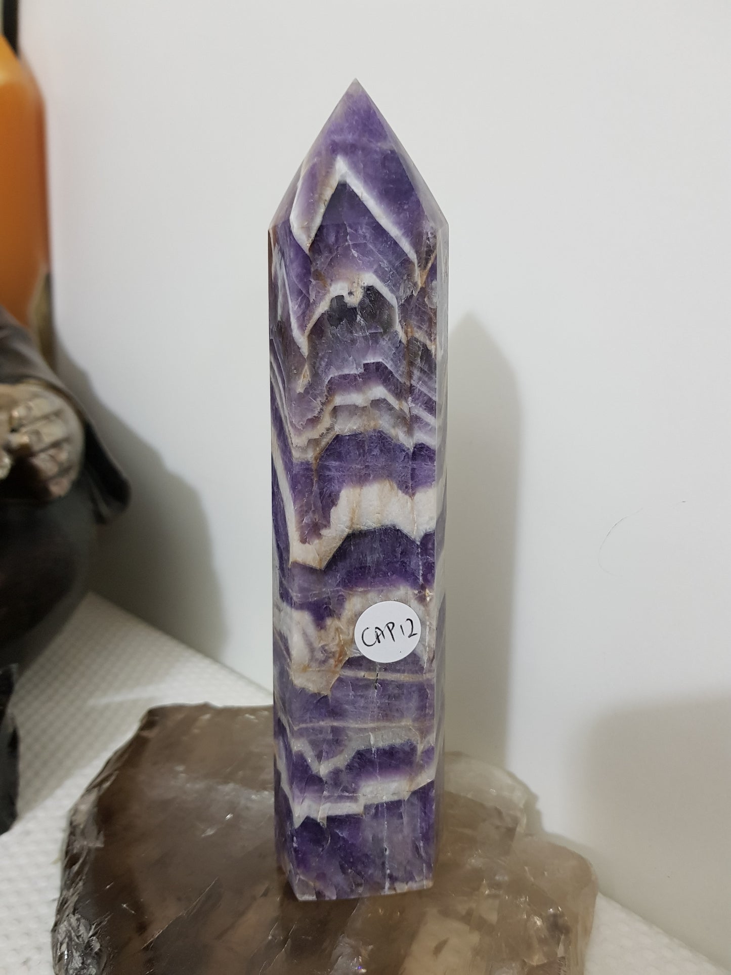Chevron amethyst crystal point tower polished Brazil deep purple chevron banding 17.5cm