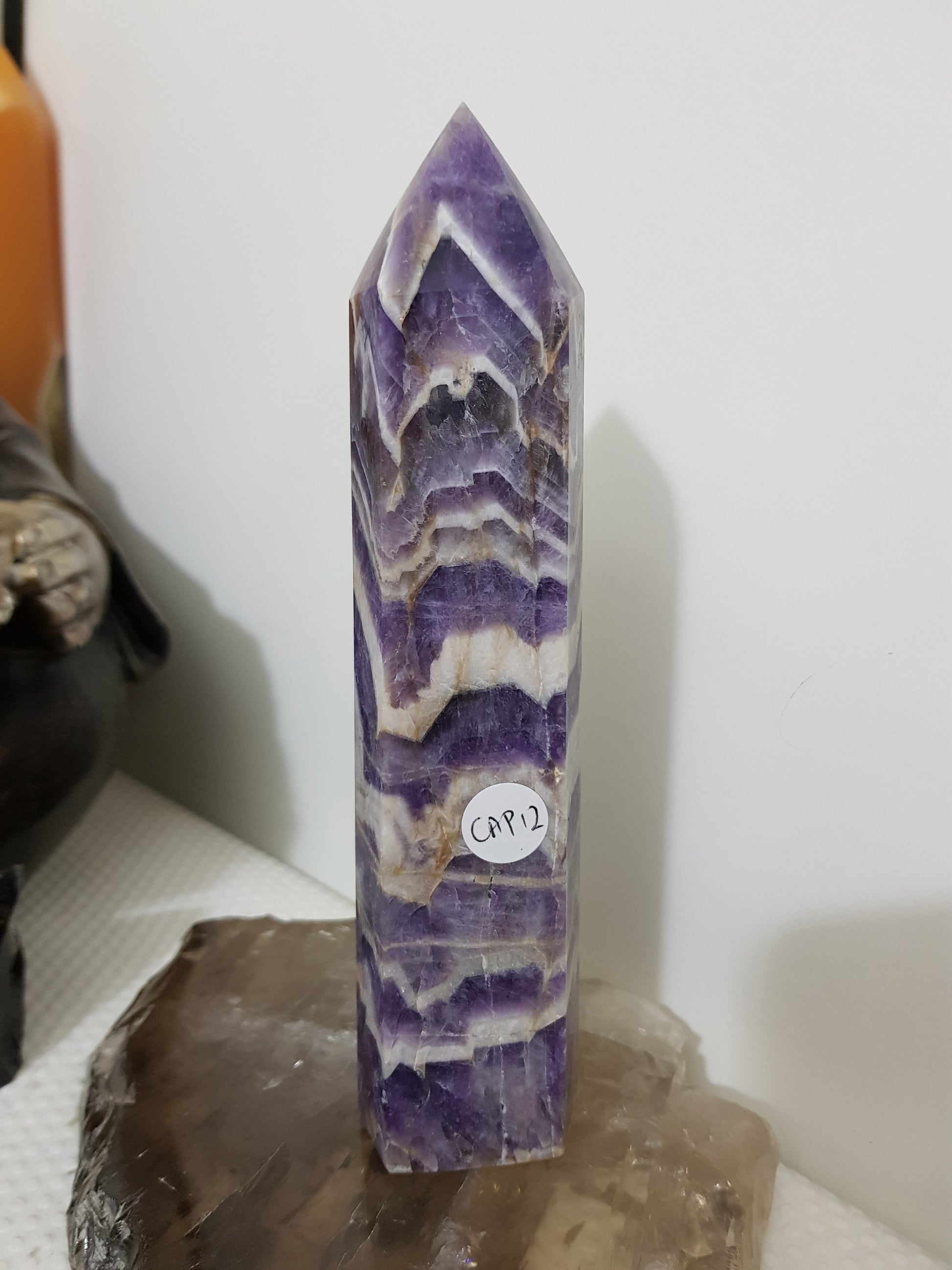 Chevron amethyst crystal point tower polished Brazil deep purple chevron banding 17.5cm