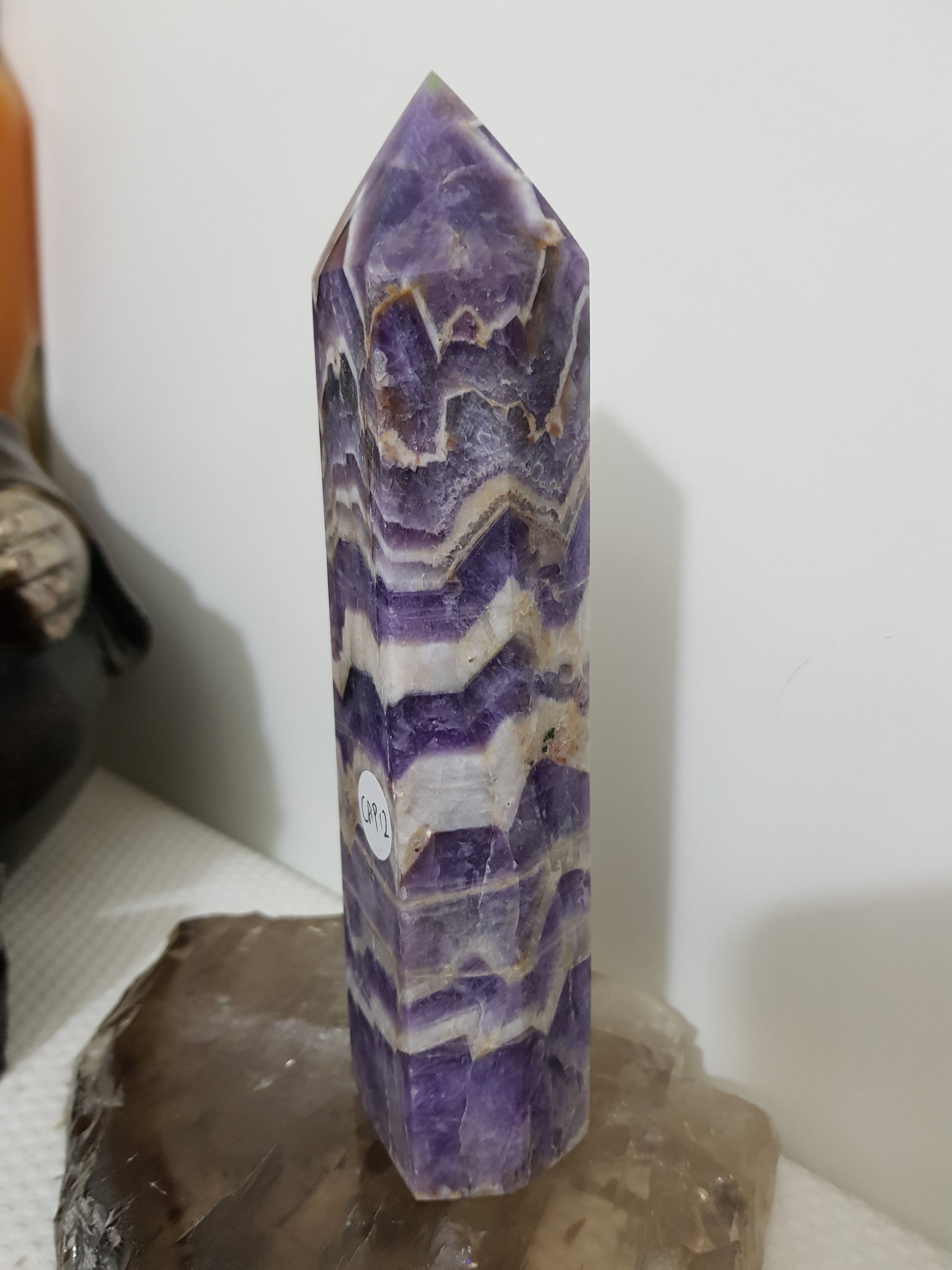 Chevron amethyst crystal point tower polished Brazil deep purple chevron banding 17.5cm