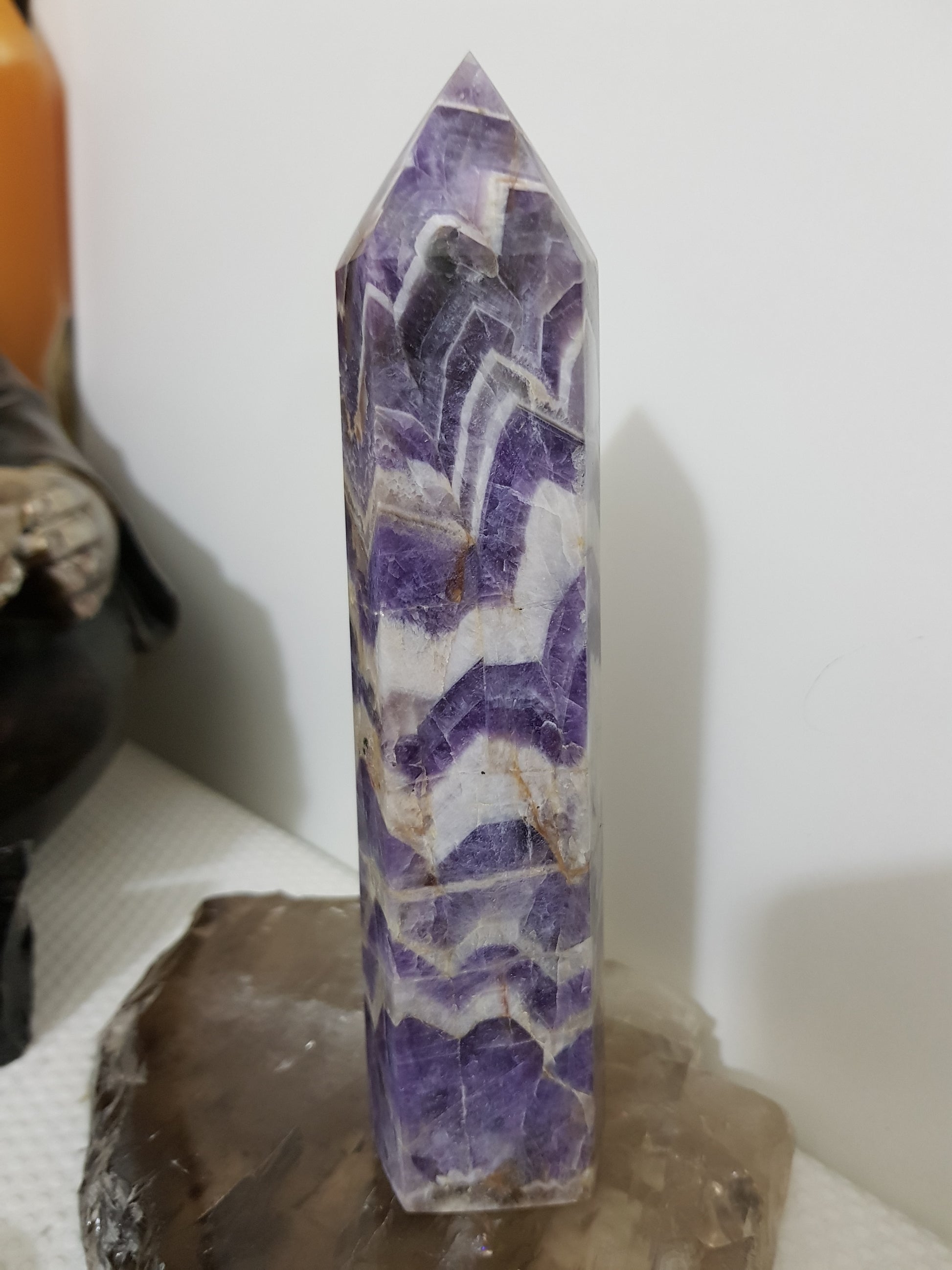 Chevron amethyst crystal point tower polished Brazil deep purple chevron banding 17.5cm