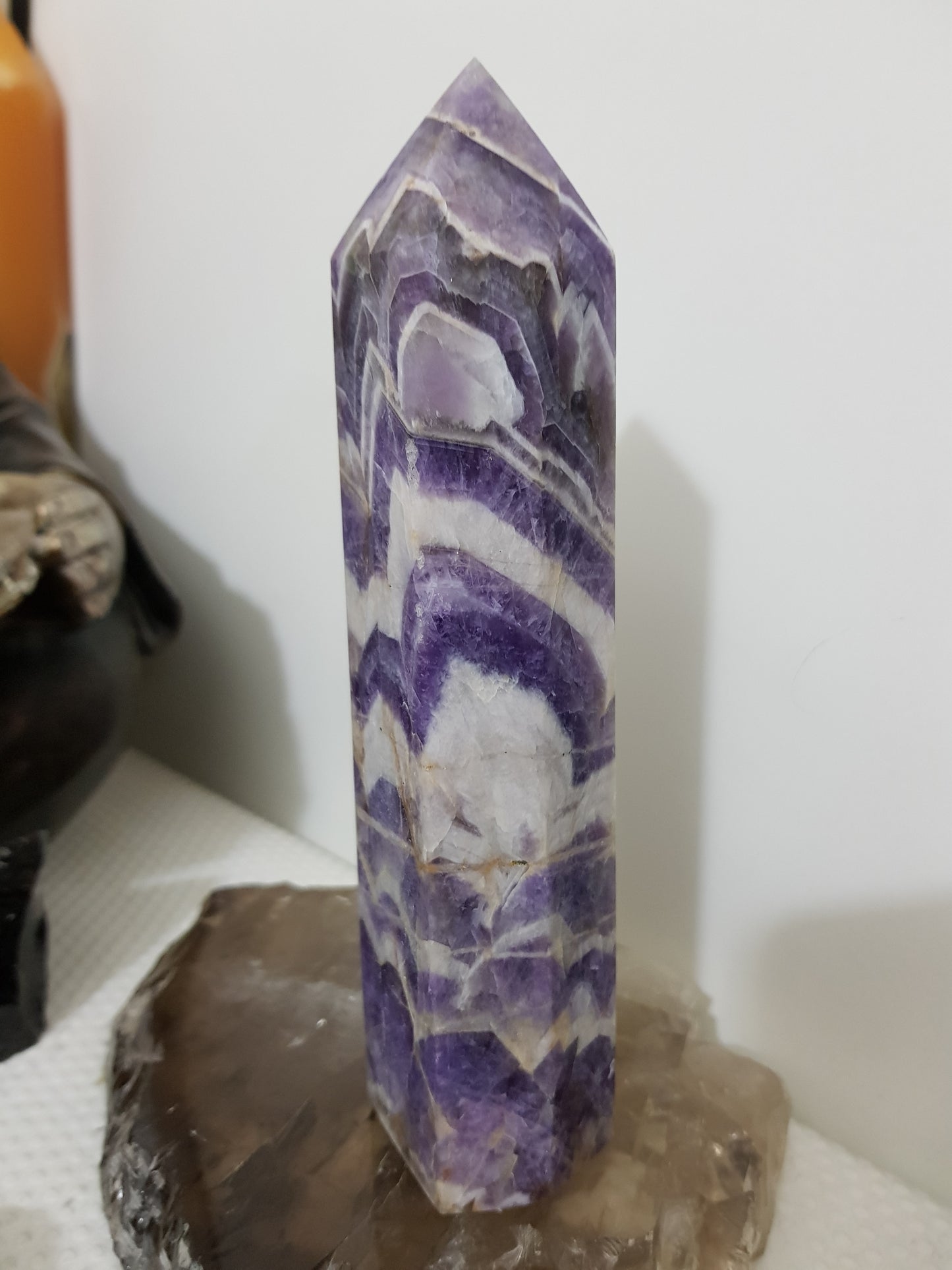 Chevron amethyst crystal point tower polished Brazil deep purple chevron banding 17.5cm