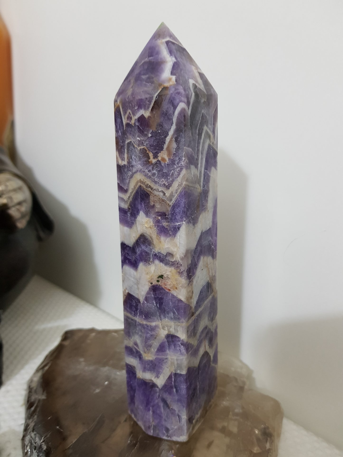 Chevron amethyst crystal point tower polished Brazil deep purple chevron banding 17.5cm