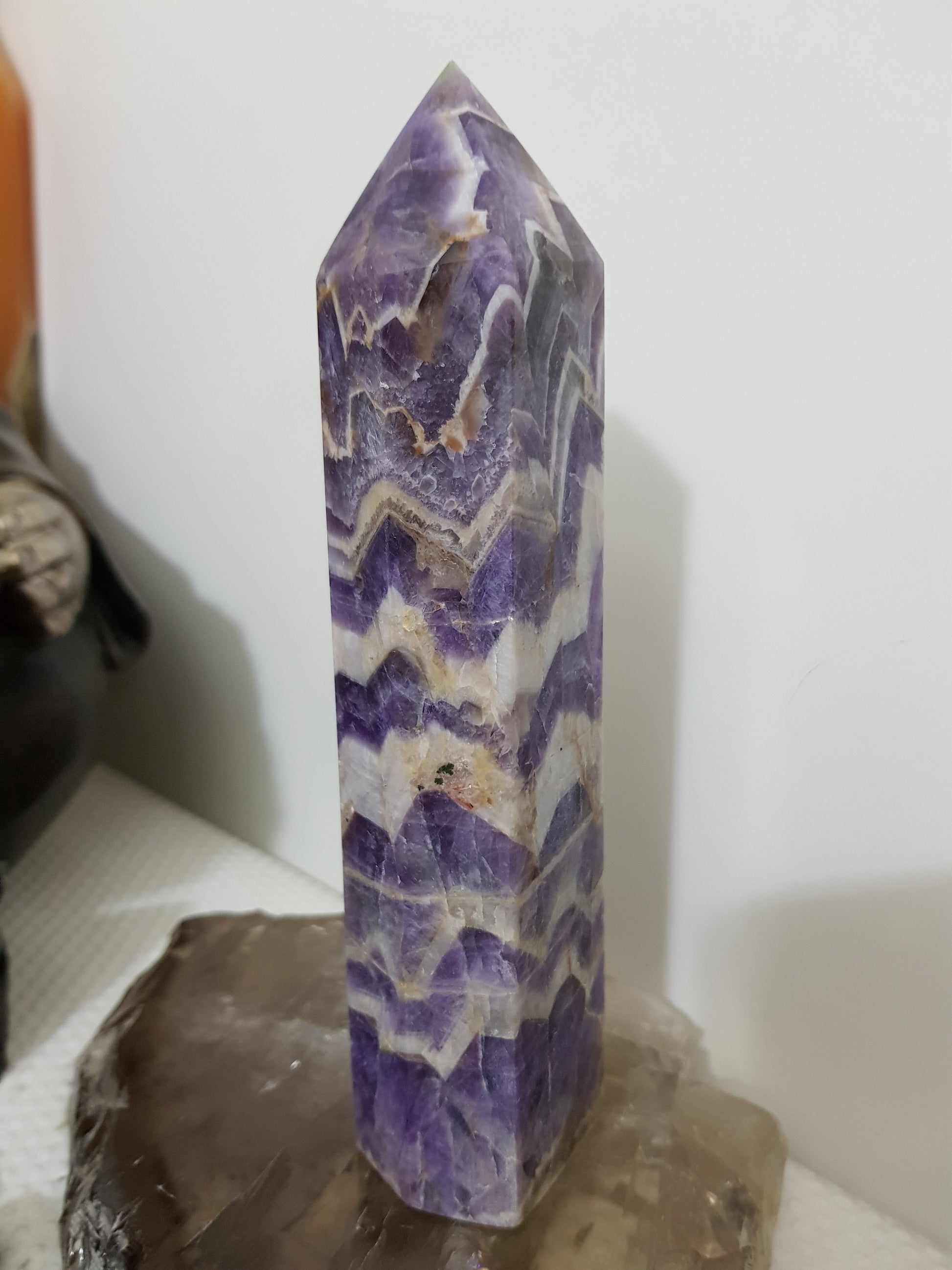 Chevron amethyst crystal point tower polished Brazil deep purple chevron banding 17.5cm