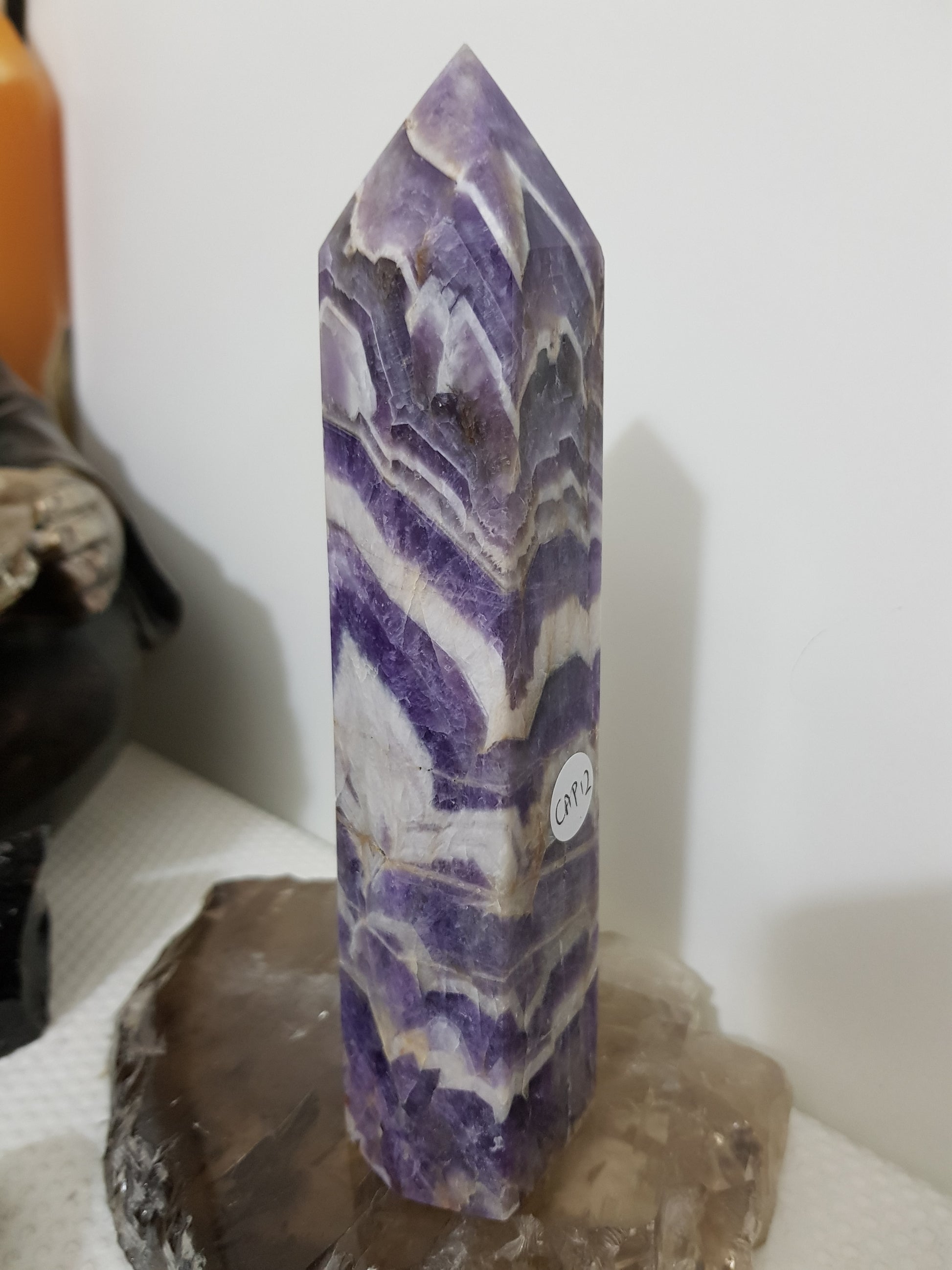 Chevron amethyst crystal point tower polished Brazil deep purple chevron banding 17.5cm