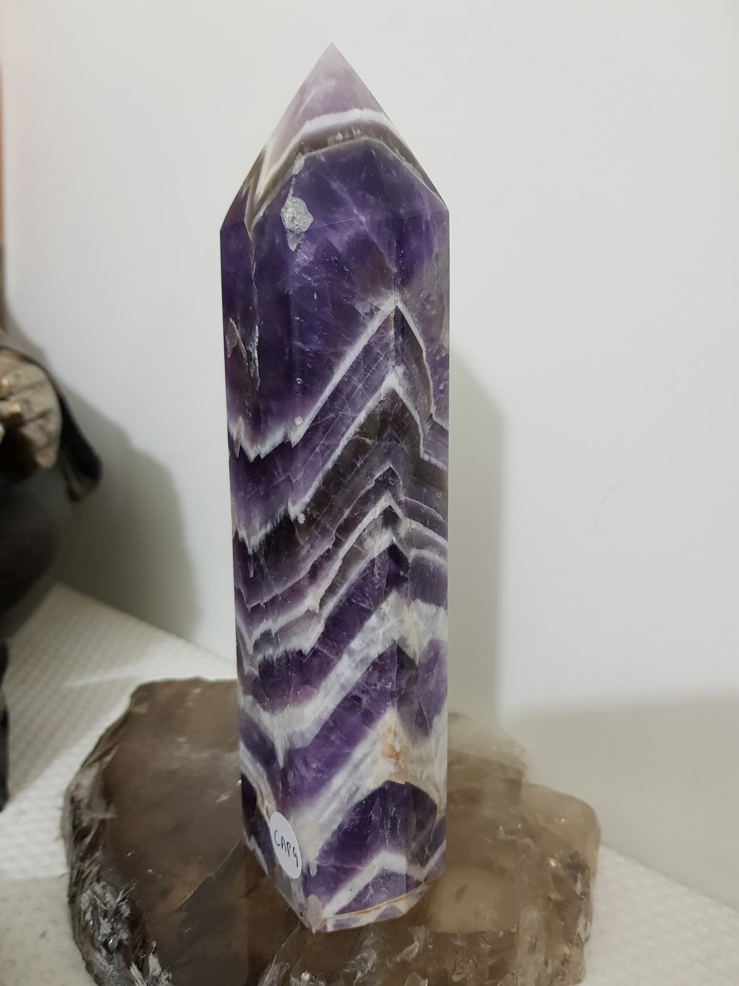 Chevron amethyst crystal point tower polished Brazil deep purple chevron banding 17cm