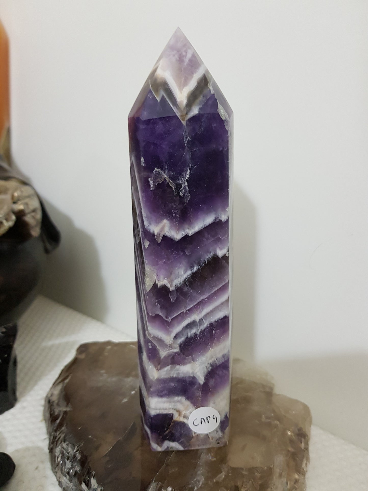 Chevron amethyst crystal point tower polished Brazil deep purple chevron banding 17cm