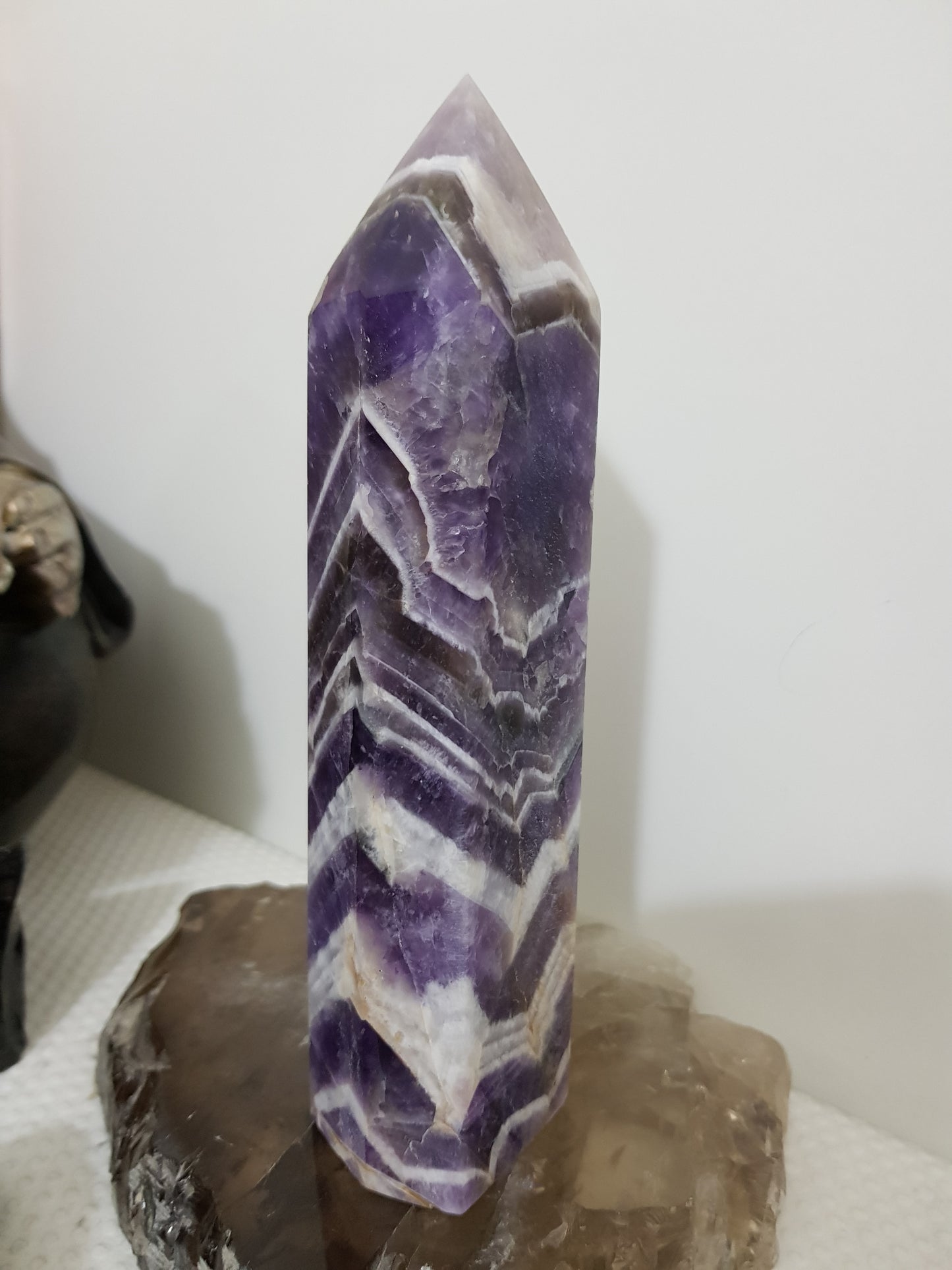 Chevron amethyst crystal point tower polished Brazil deep purple chevron banding 17cm