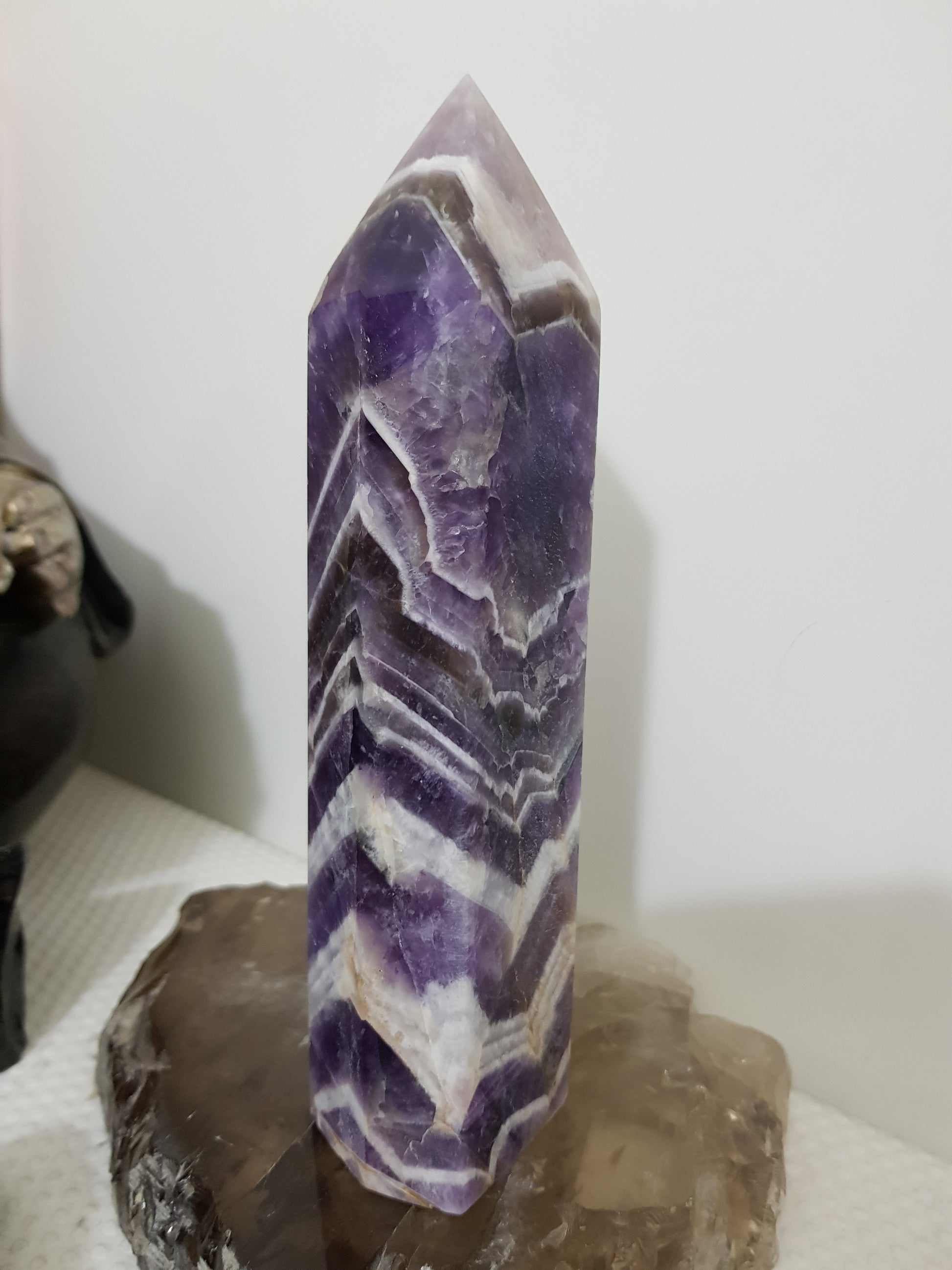 Chevron amethyst crystal point tower polished Brazil deep purple chevron banding 17cm