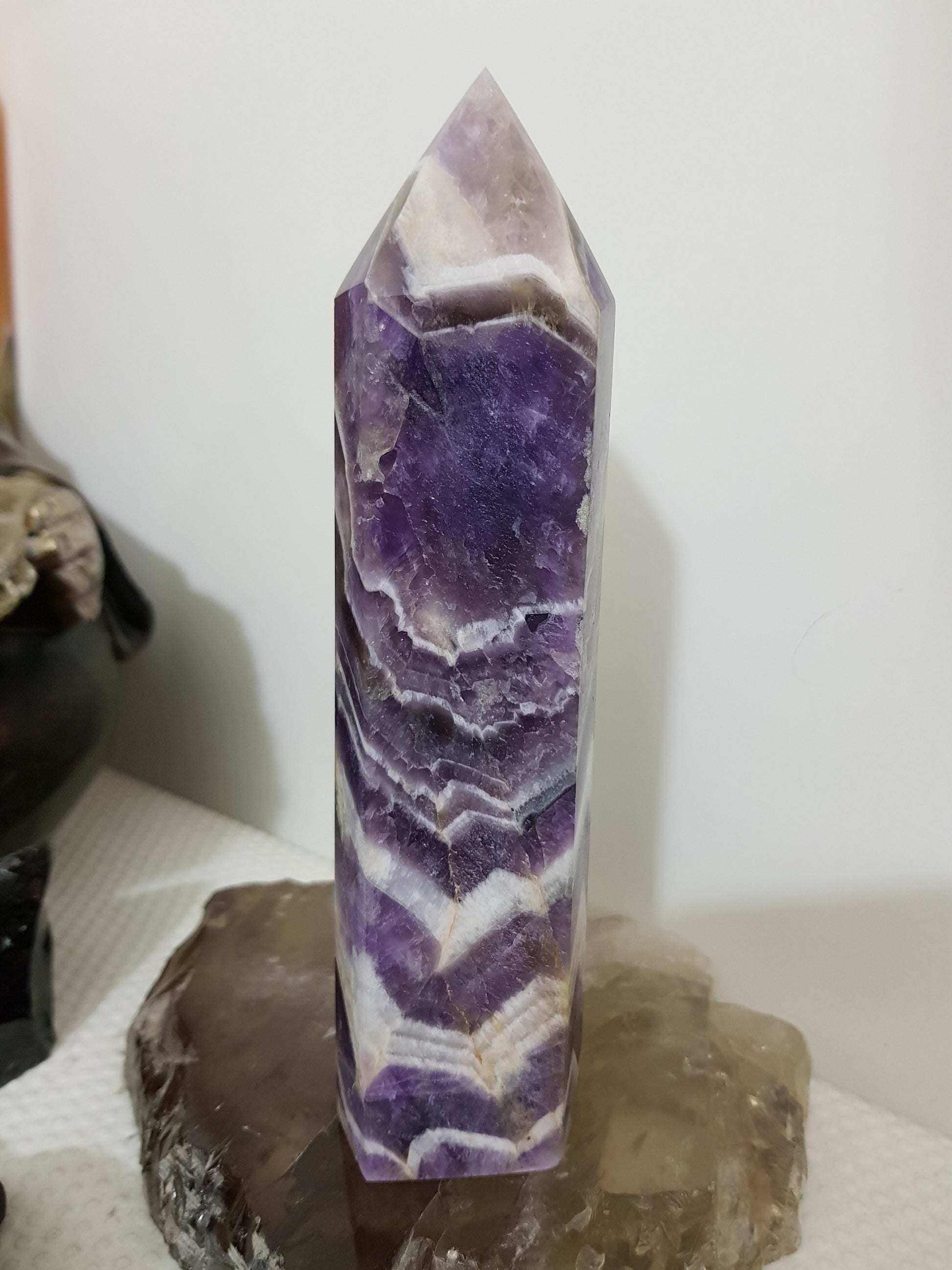 Chevron amethyst crystal point tower polished Brazil deep purple chevron banding 17cm