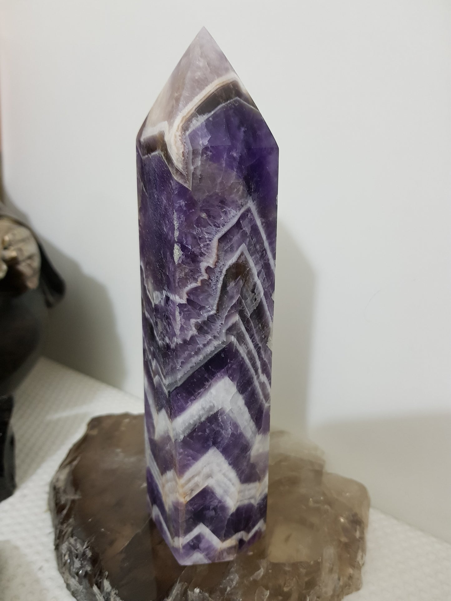 Chevron amethyst crystal point tower polished Brazil deep purple chevron banding 17cm