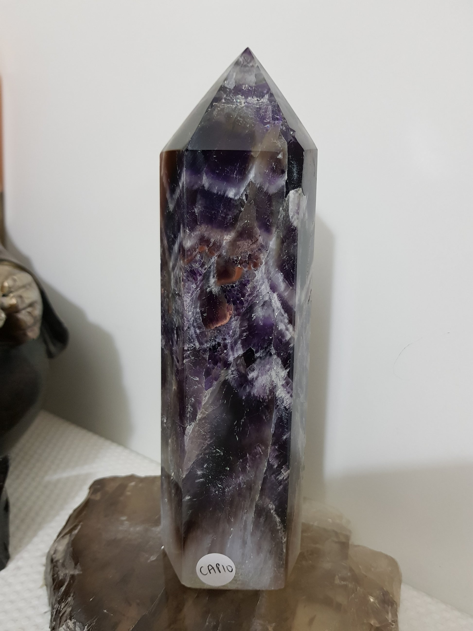 Chevron amethyst crystal point tower polished Brazil deep purple chevron banding 18.5cm