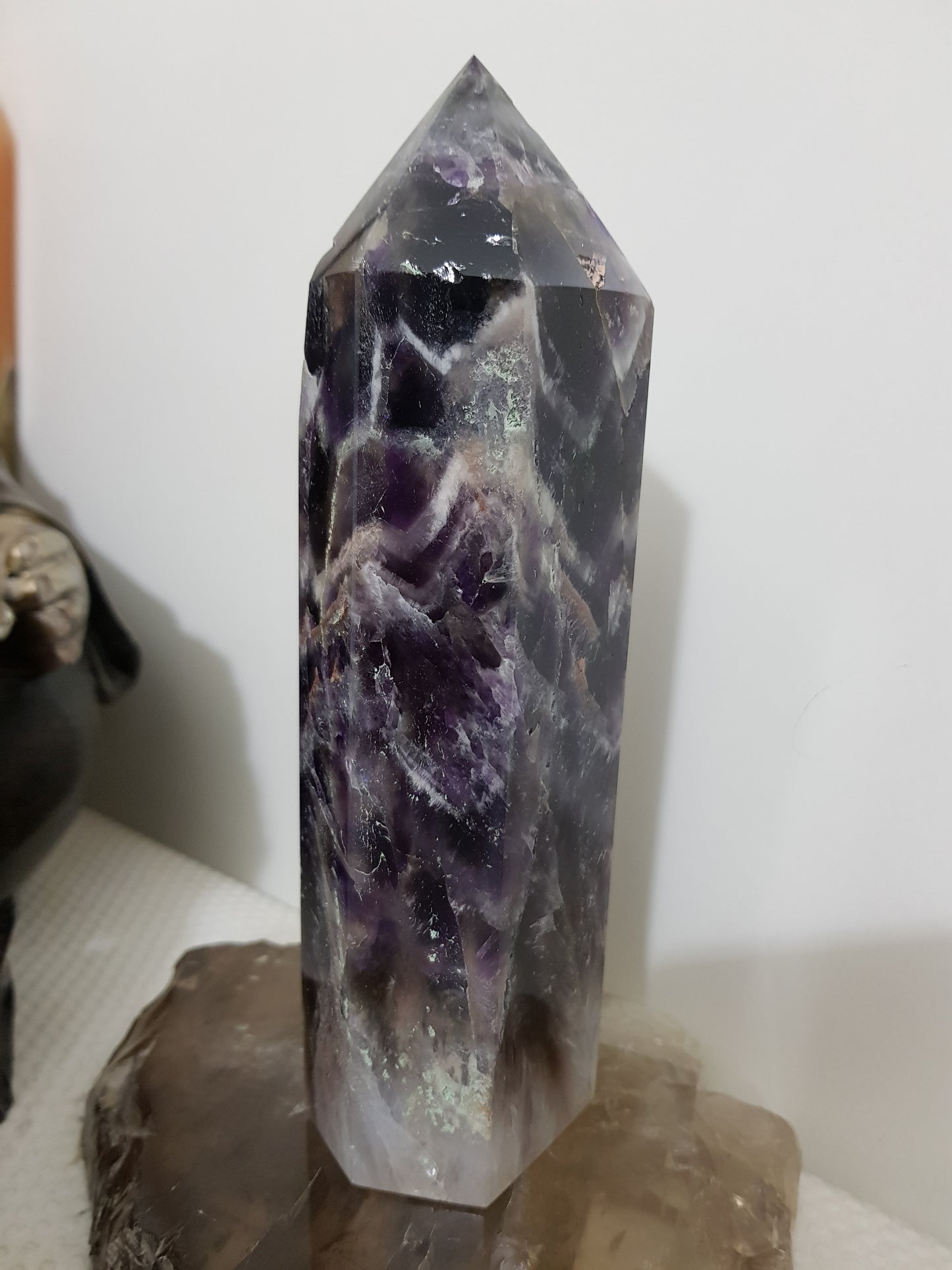 Chevron amethyst crystal point tower polished Brazil deep purple chevron banding 18.5cm