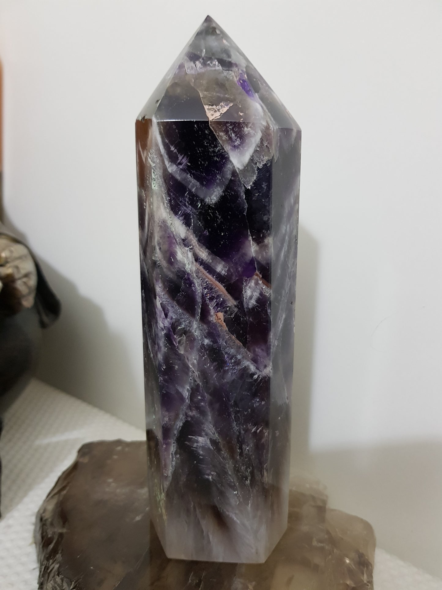 Chevron amethyst crystal point tower polished Brazil deep purple chevron banding 18.5cm