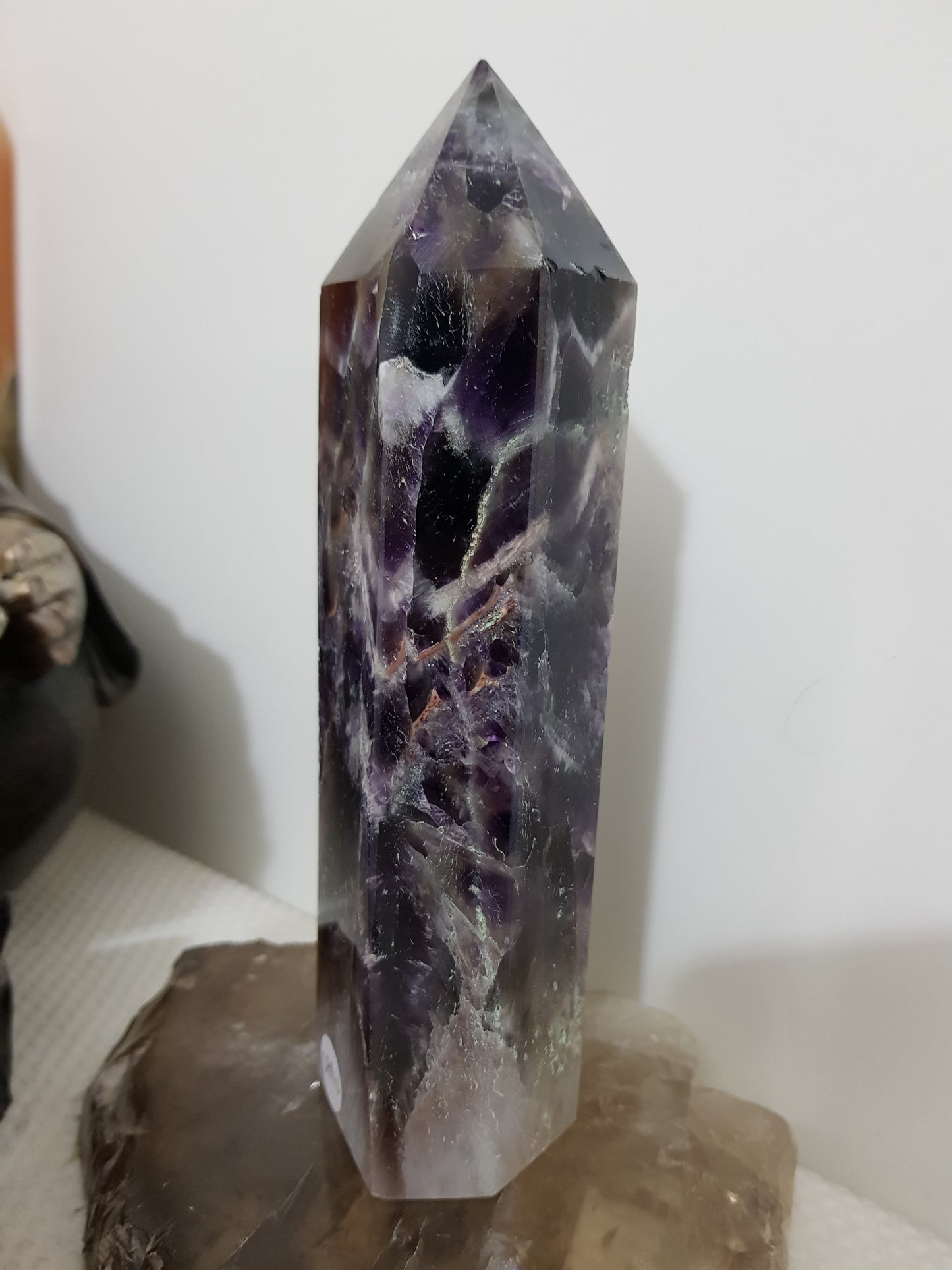 Chevron amethyst crystal point tower polished Brazil deep purple chevron banding 18.5cm