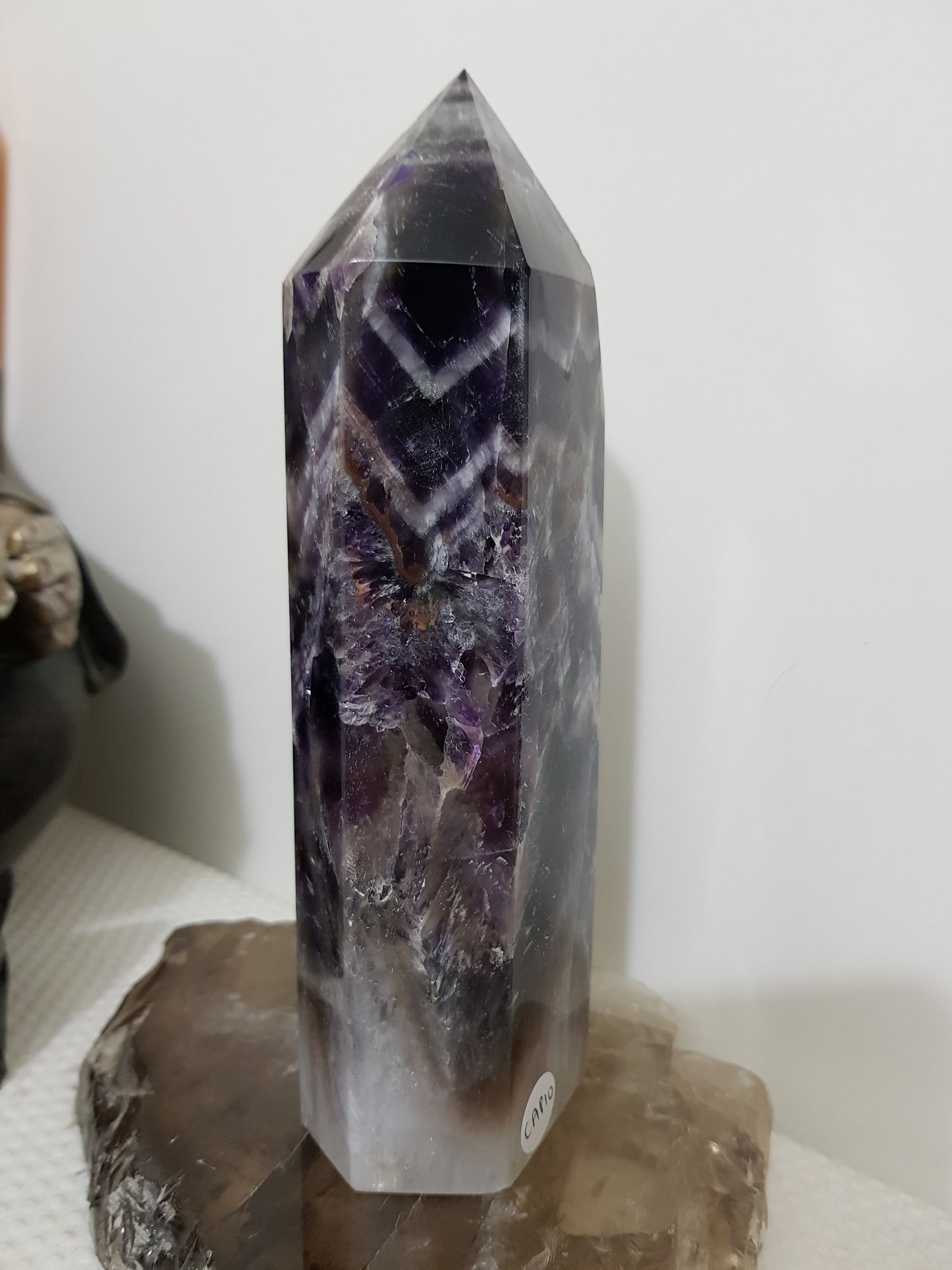 Chevron amethyst crystal point tower polished Brazil deep purple chevron banding 18.5cm