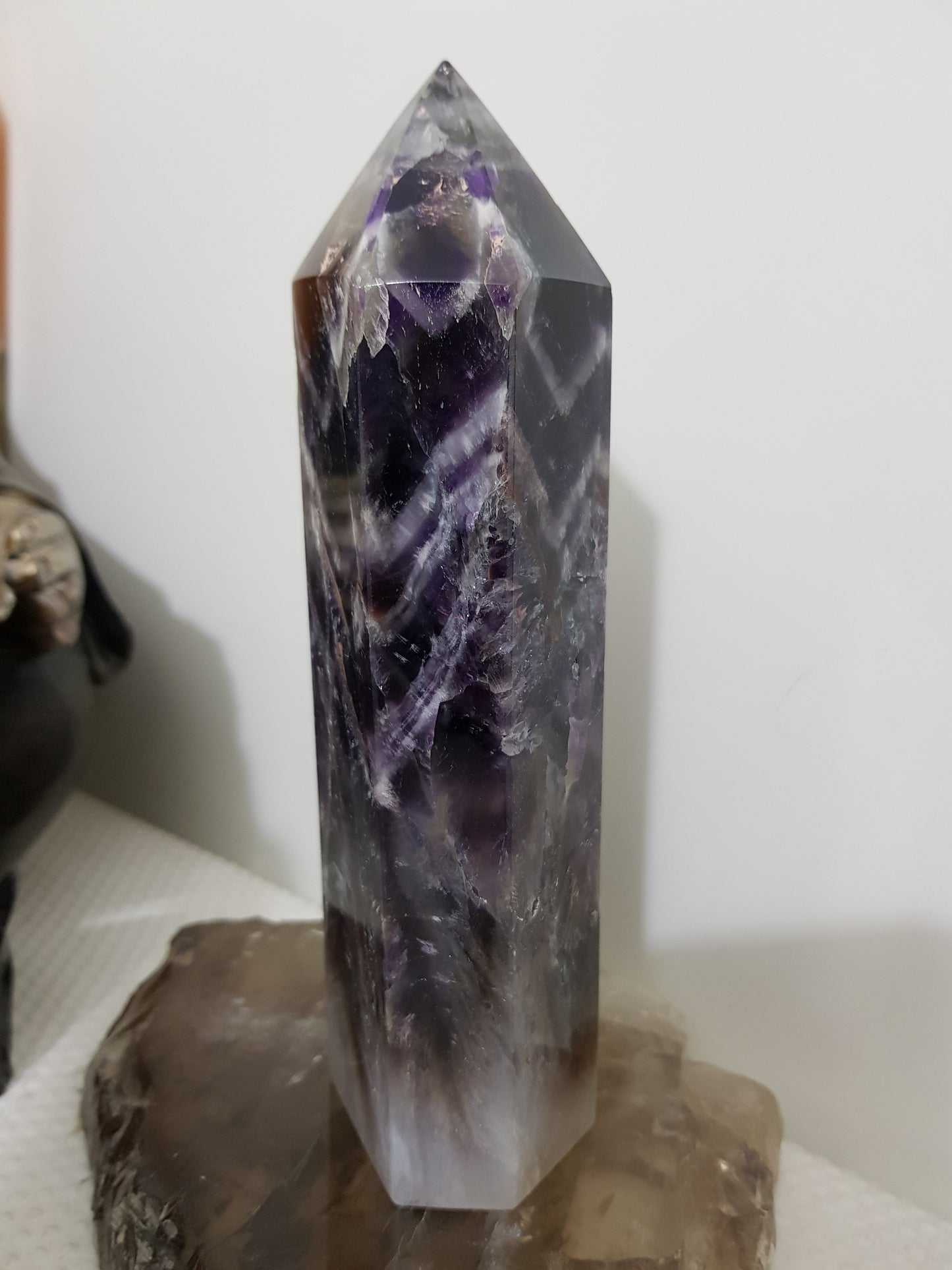 Chevron amethyst crystal point tower polished Brazil deep purple chevron banding 18.5cm