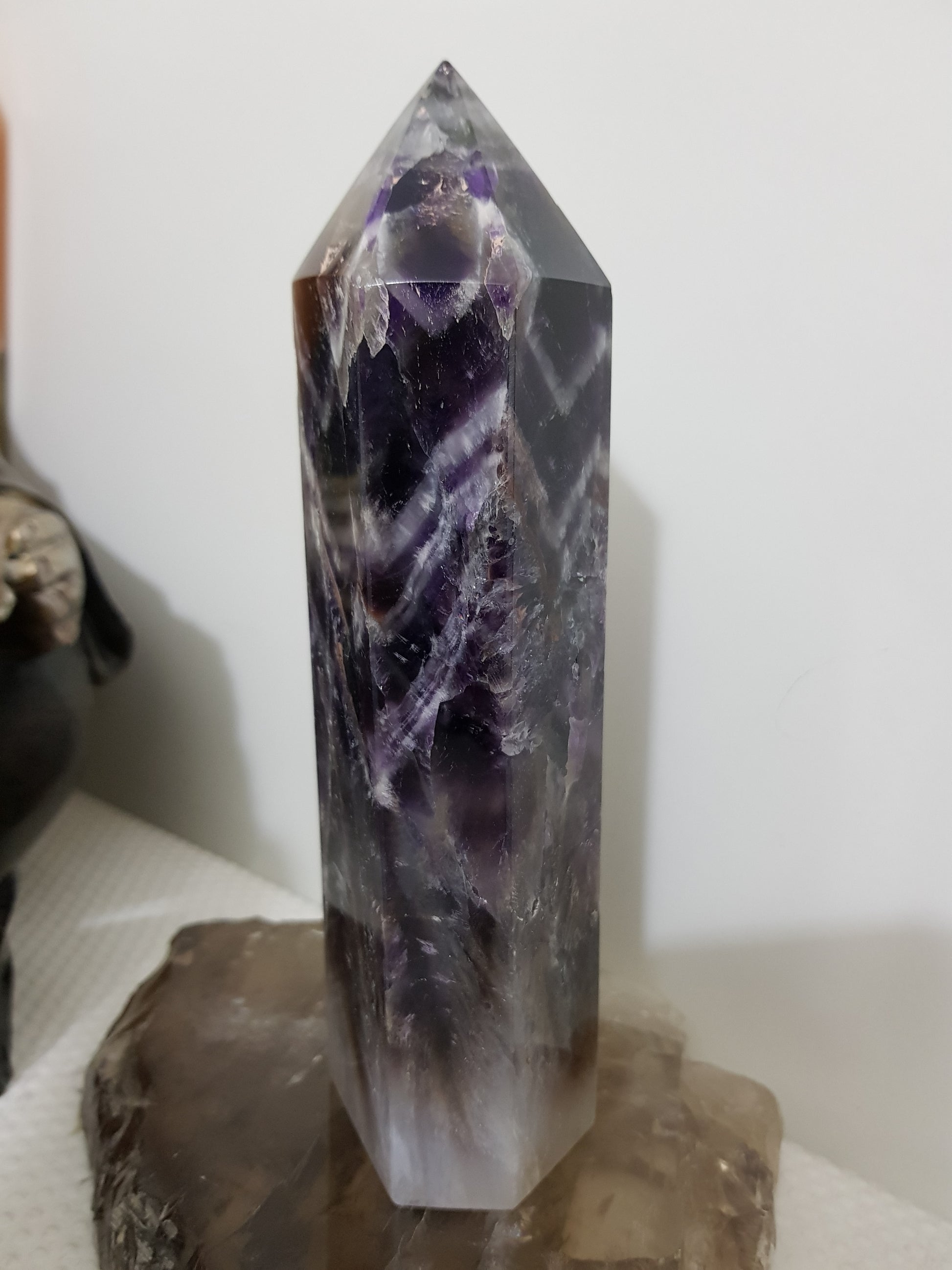 Chevron amethyst crystal point tower polished Brazil deep purple chevron banding 18.5cm