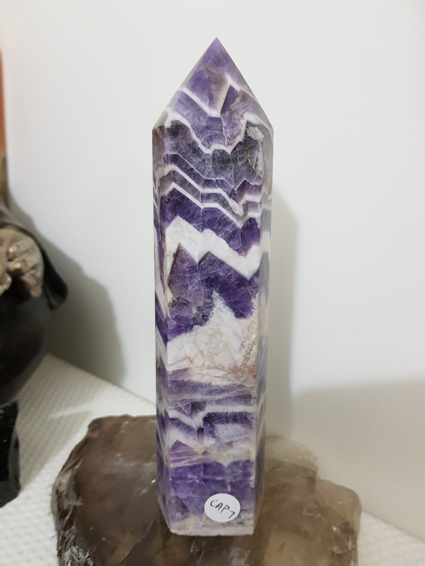 Chevron amethyst crystal point tower polished Brazil deep purple chevron banding 18.5cm