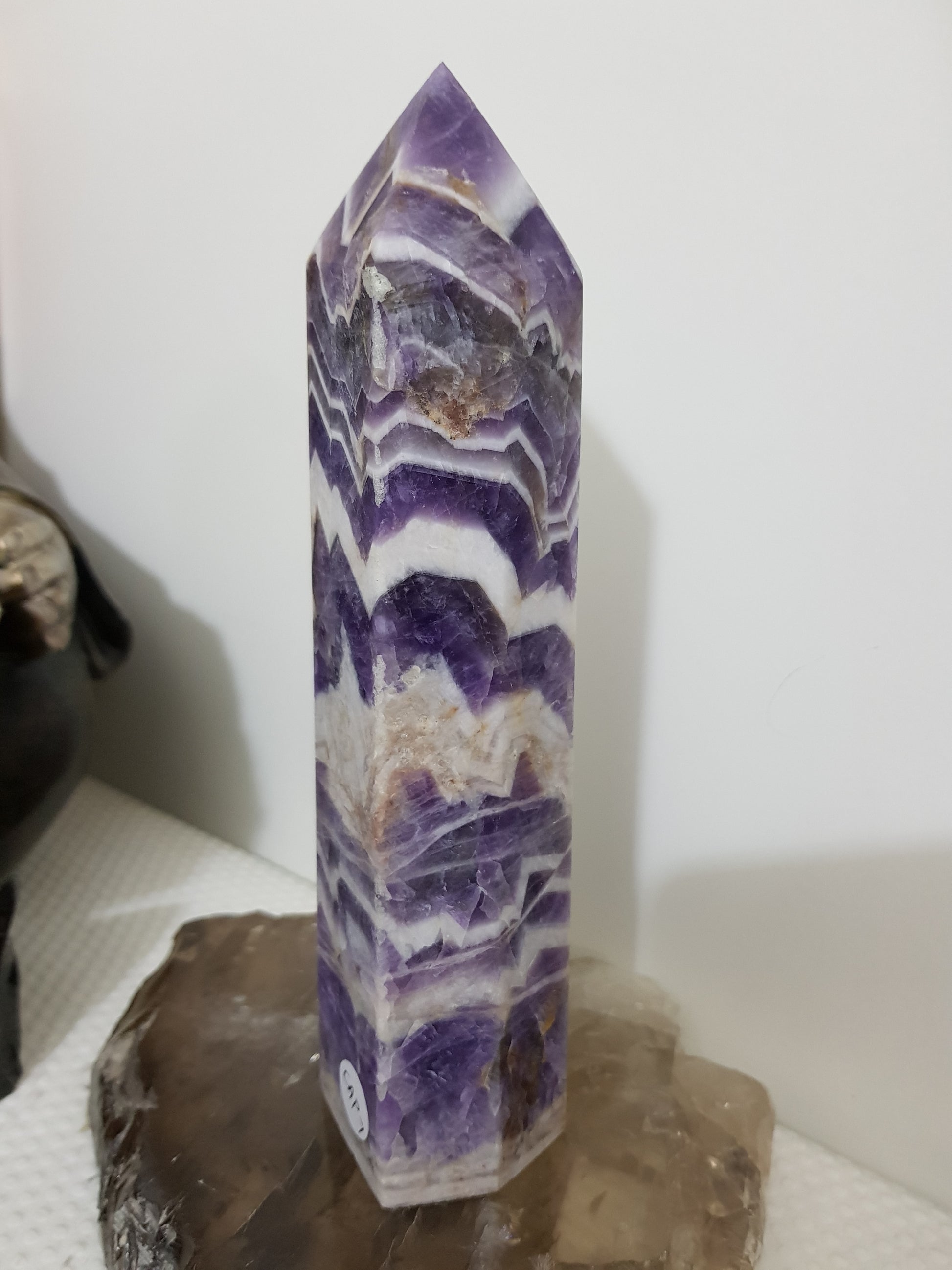 Chevron amethyst crystal point tower polished Brazil deep purple chevron banding 18.5cm