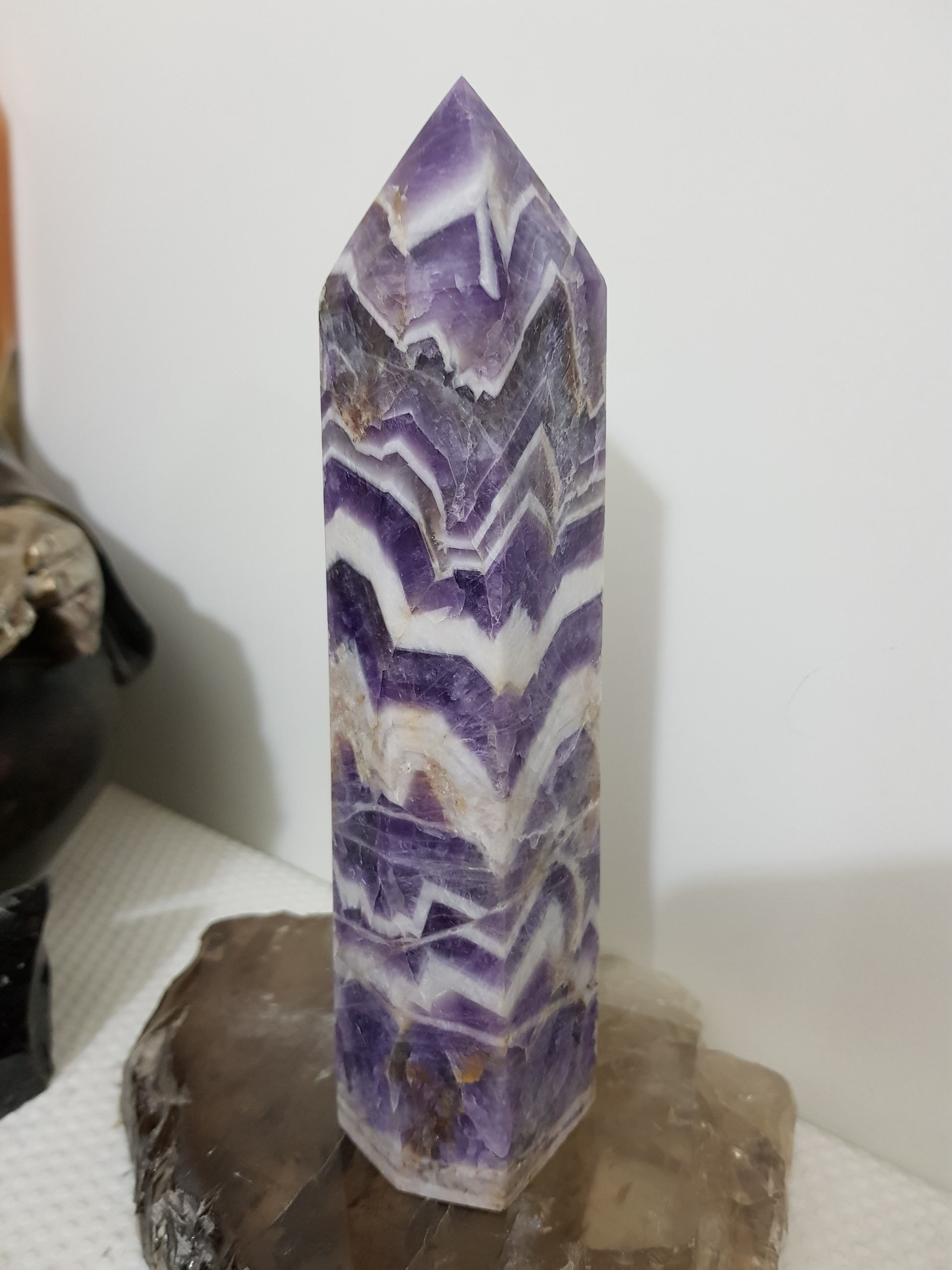 Chevron amethyst crystal point tower polished Brazil deep purple chevron banding 18.5cm