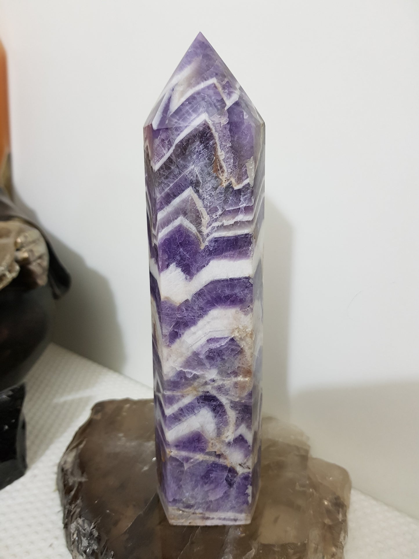Chevron amethyst crystal point tower polished Brazil deep purple chevron banding 18.5cm