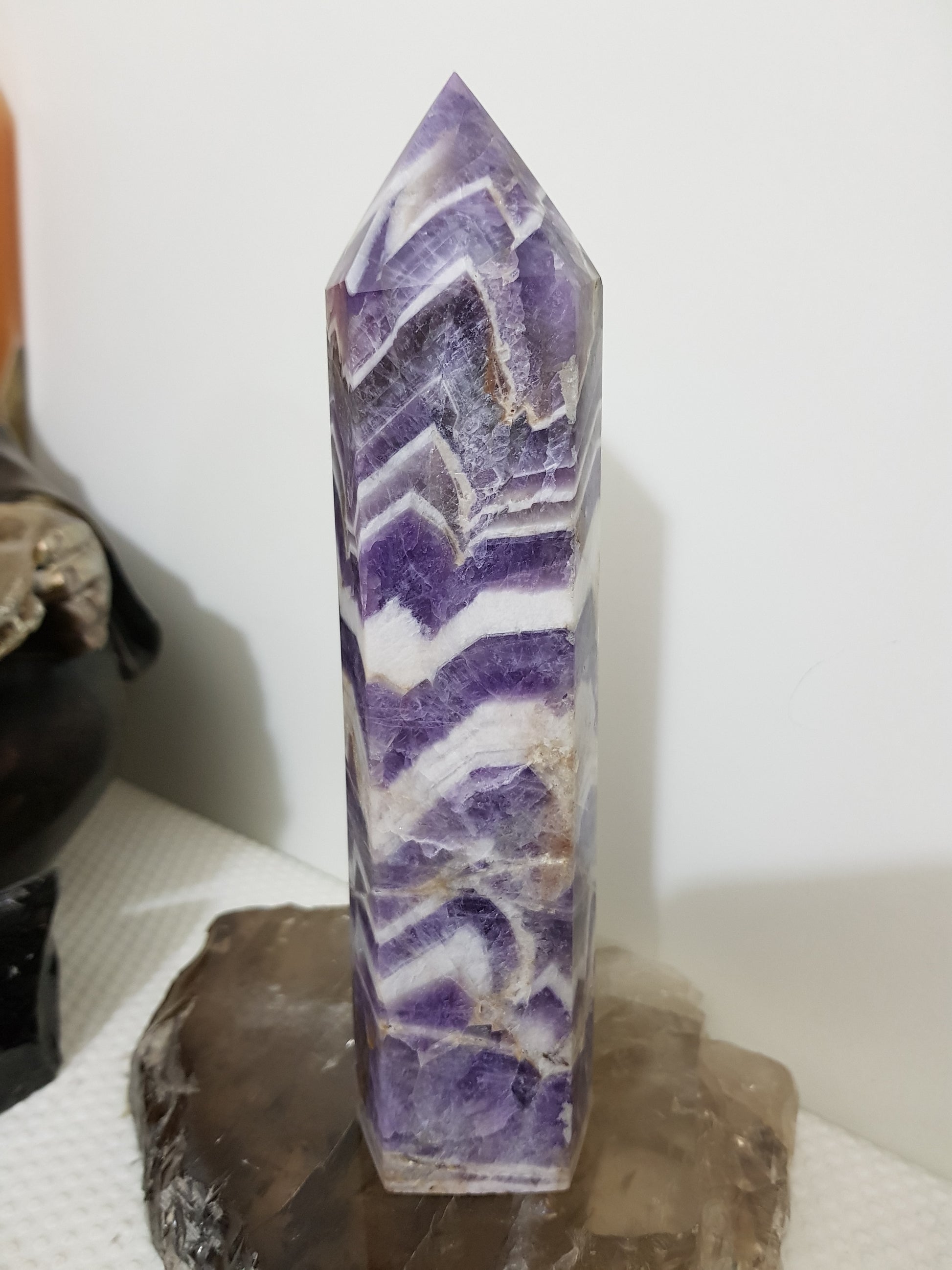 Chevron amethyst crystal point tower polished Brazil deep purple chevron banding 18.5cm