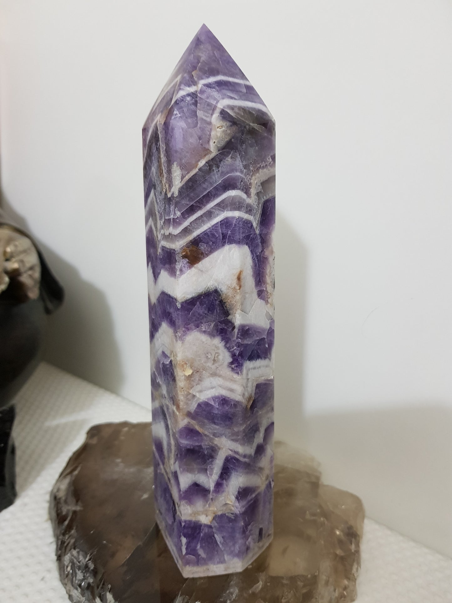 Chevron amethyst crystal point tower polished Brazil deep purple chevron banding 18.5cm