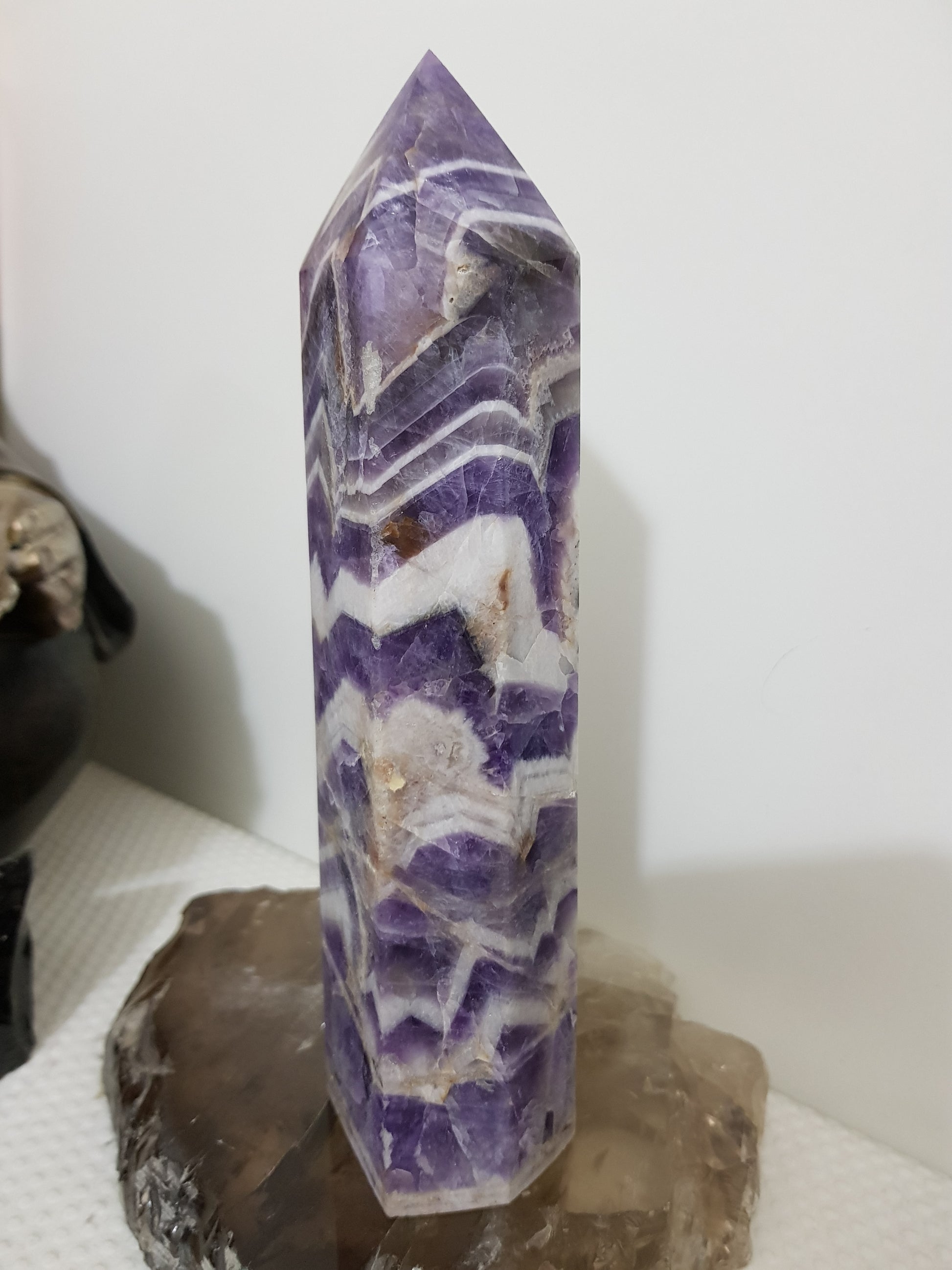Chevron amethyst crystal point tower polished Brazil deep purple chevron banding 18.5cm