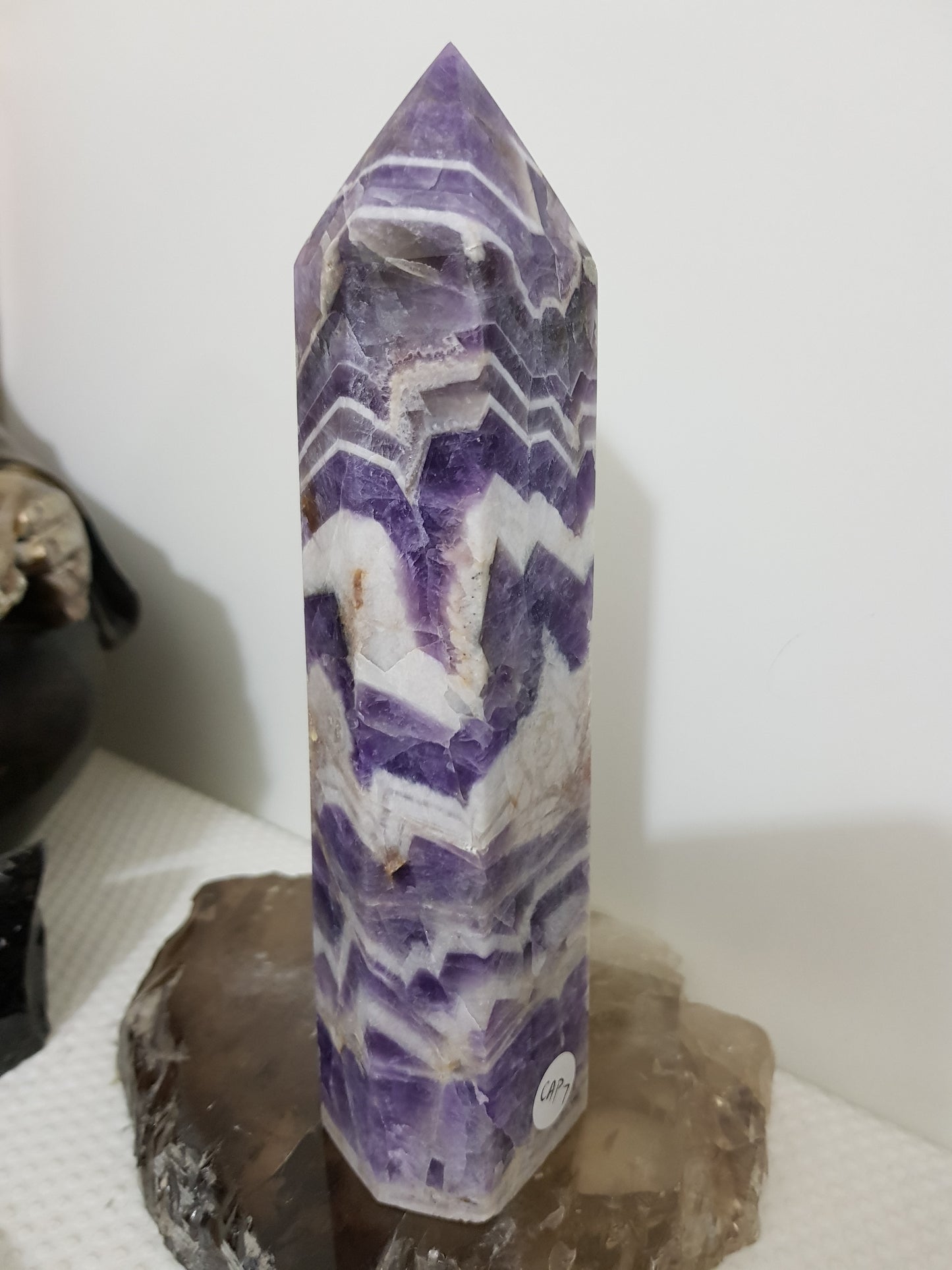 Chevron amethyst crystal point tower polished Brazil deep purple chevron banding 18.5cm